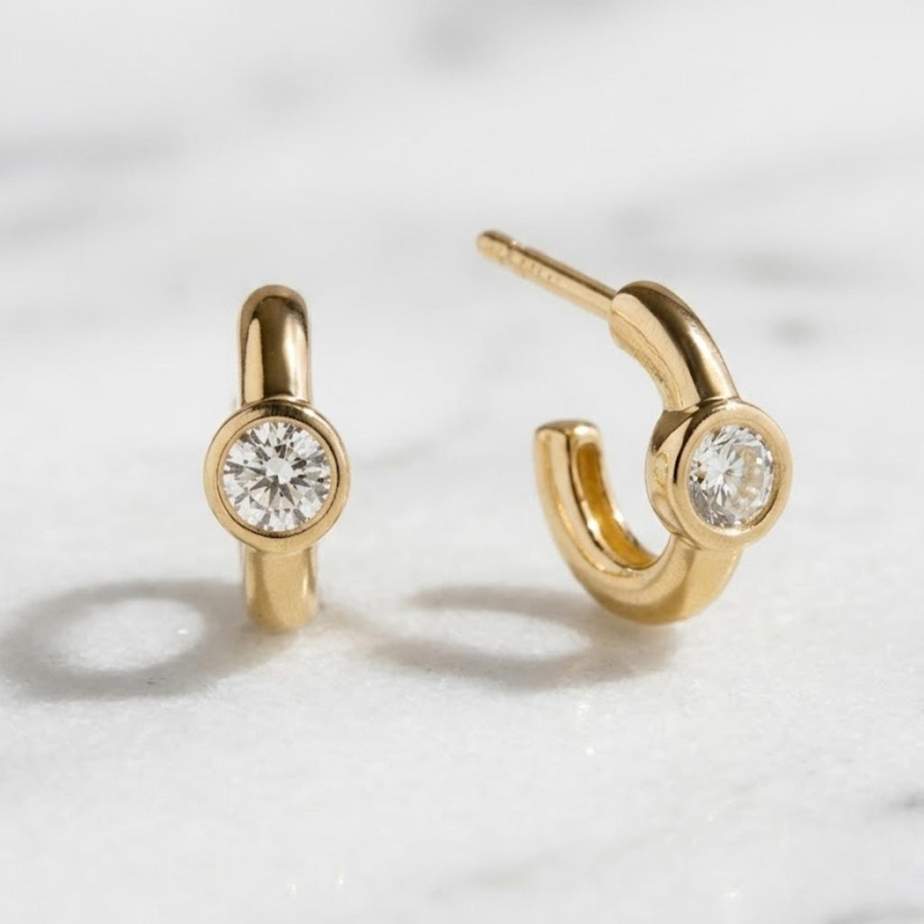 14k Gold and Moissanite Hoop Earrings, Small Dangling Diamond Bezel Huggies, Moissanite Diamonds, Everyday Cute Huggie Earrings,Sold in Pair