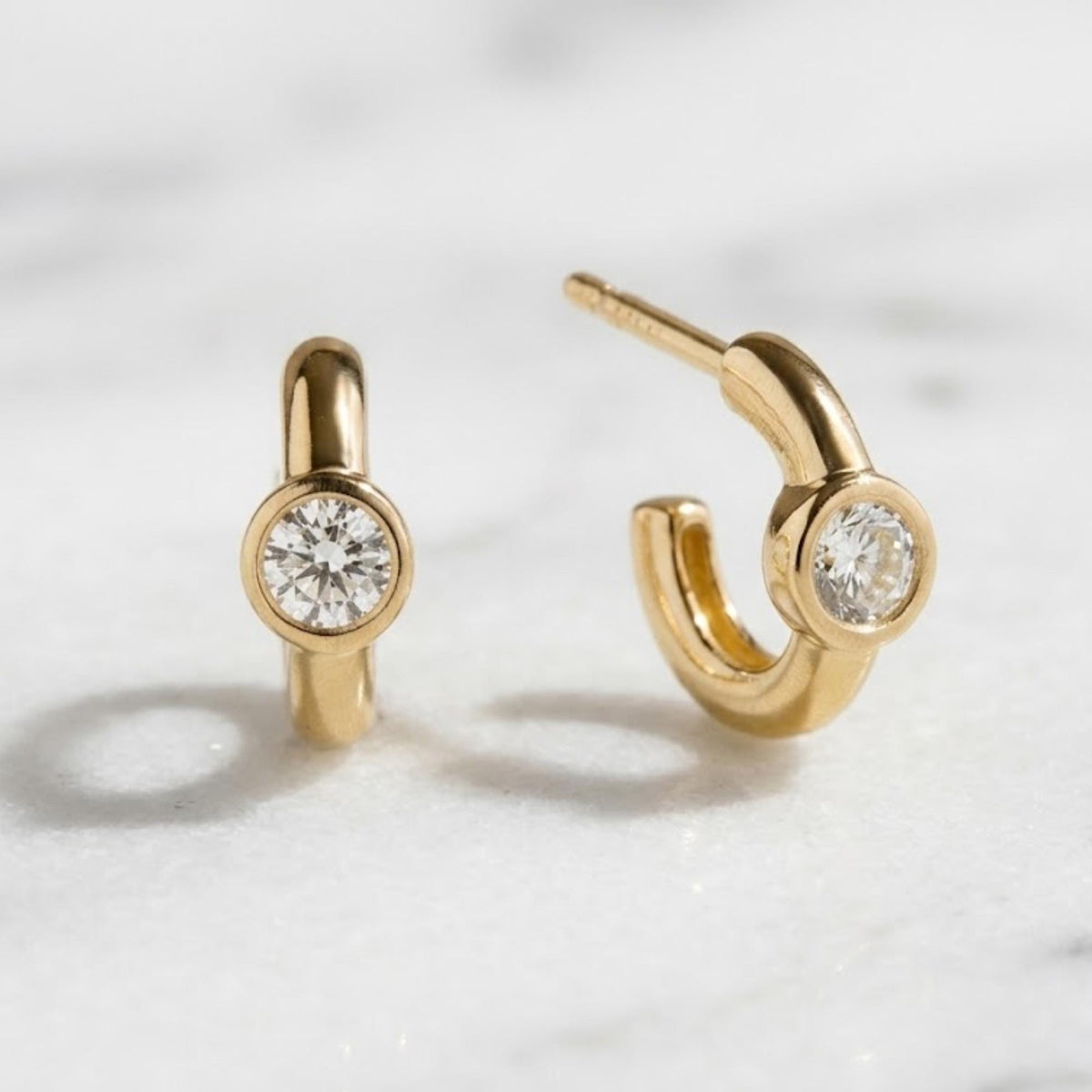 14k Gold and Moissanite Hoop Earrings, Small Dangling Diamond Bezel Huggies, Moissanite Diamonds, Everyday Cute Huggie Earrings,Sold in Pair