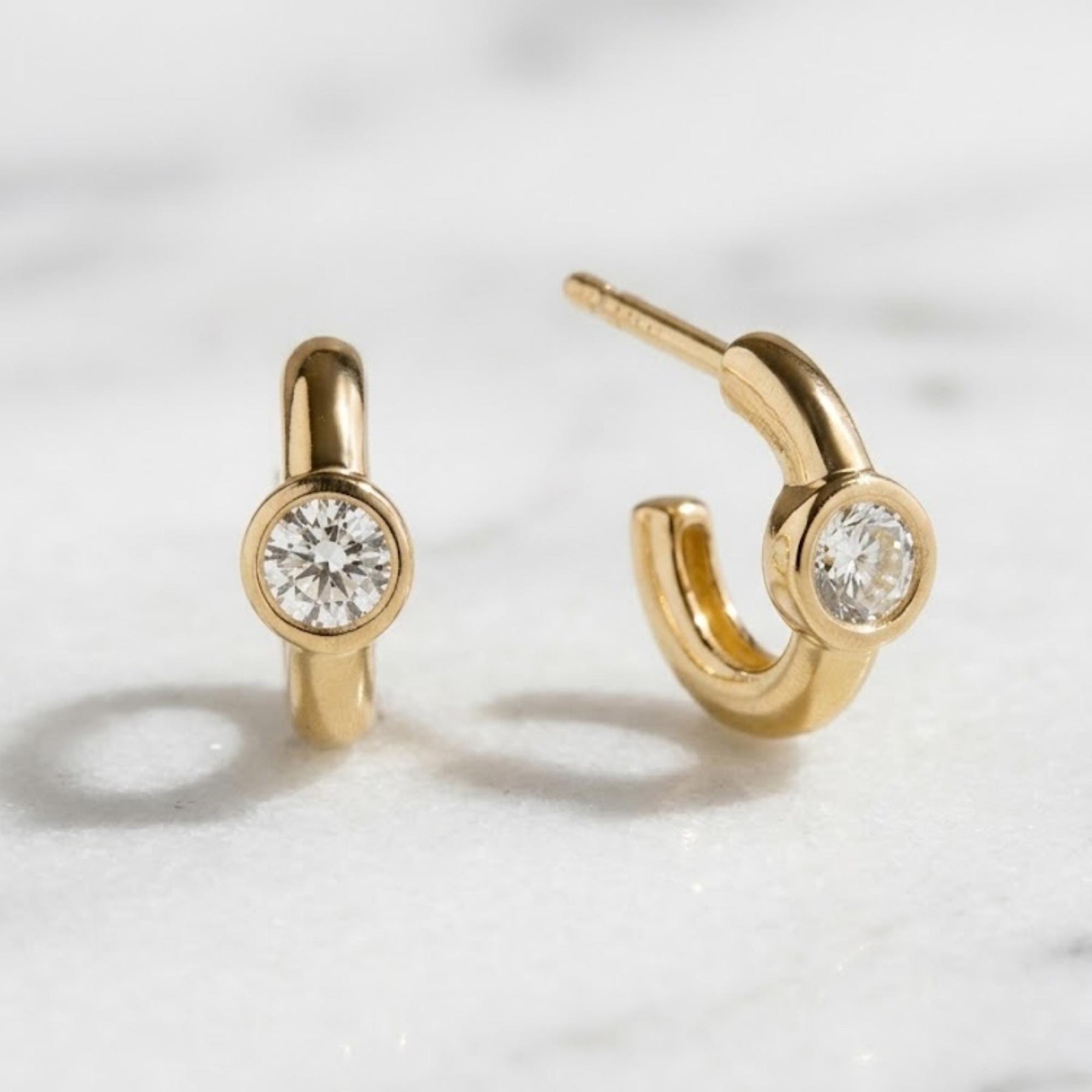14k Gold and Moissanite Hoop Earrings, Small Dangling Diamond Bezel Huggies, Moissanite Diamonds, Everyday Cute Huggie Earrings,Sold in Pair