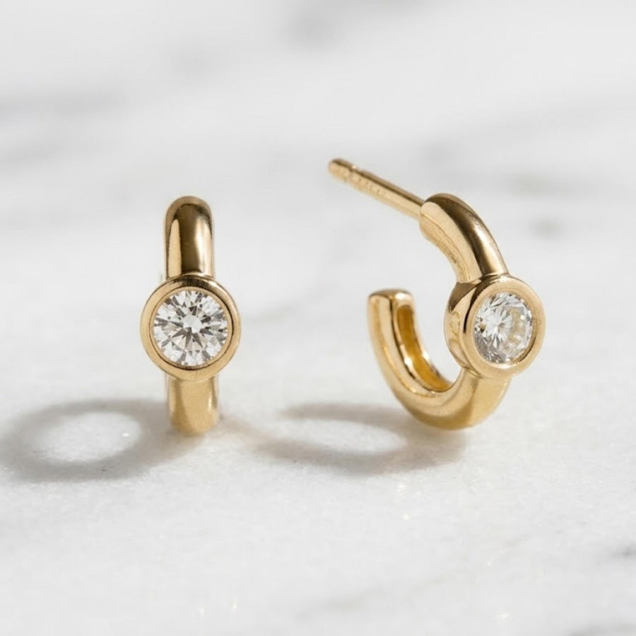 14k Gold and Moissanite Hoop Earrings, Small Dangling Diamond Bezel Huggies, Moissanite Diamonds, Everyday Cute Huggie Earrings,Sold in Pair