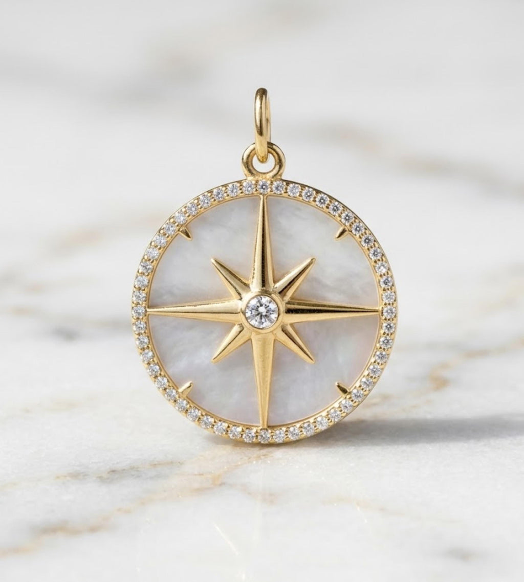 Compass Pendant Necklace, North Star Moissanite Necklace, 14K Gold Mother of Pearl Medallion, Minimalist Luxury Necklace, Gift for Her