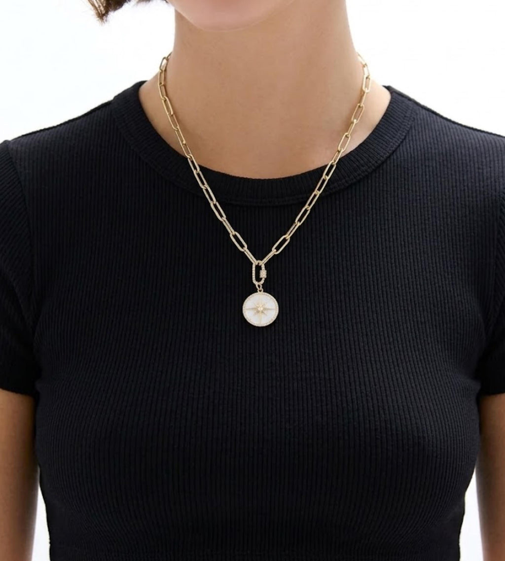 Compass Pendant Necklace, North Star Moissanite Necklace, 14K Gold Mother of Pearl Medallion, Minimalist Luxury Necklace, Gift for Her
