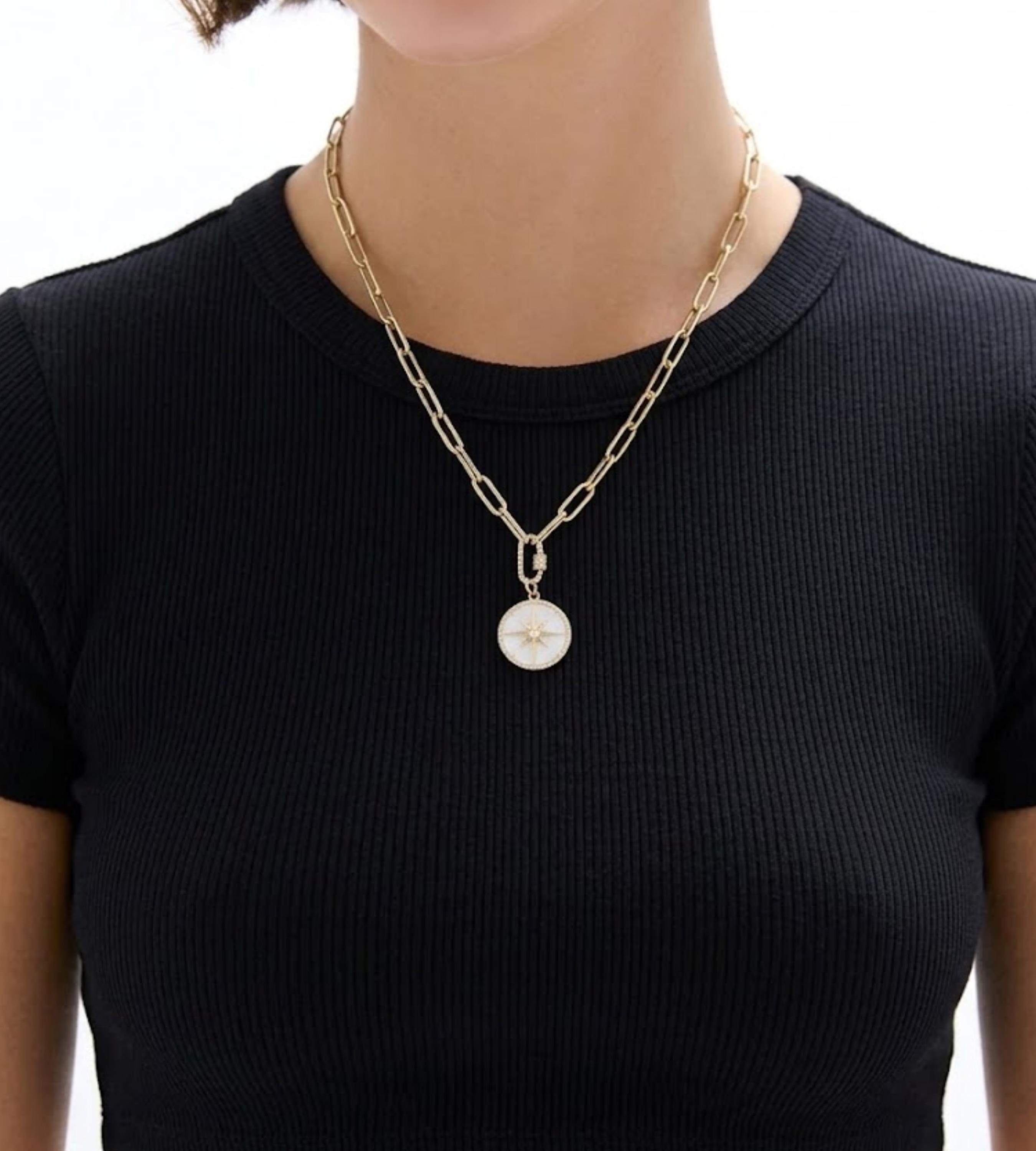 Compass Pendant Necklace, North Star Moissanite Necklace, 14K Gold Mother of Pearl Medallion, Minimalist Luxury Necklace, Gift for Her