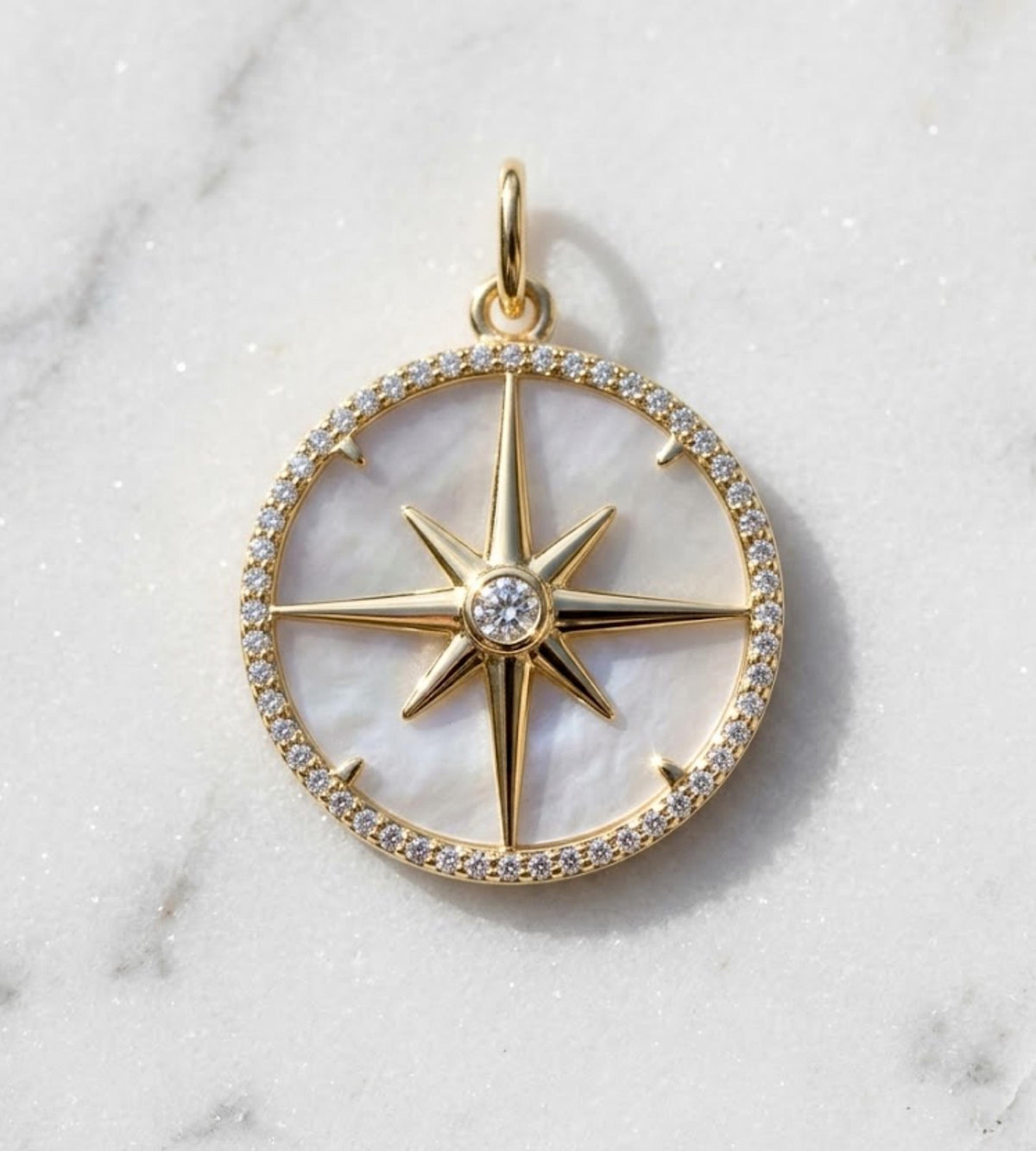 Compass Pendant Necklace, North Star Moissanite Necklace, 14K Gold Mother of Pearl Medallion, Minimalist Luxury Necklace, Gift for Her