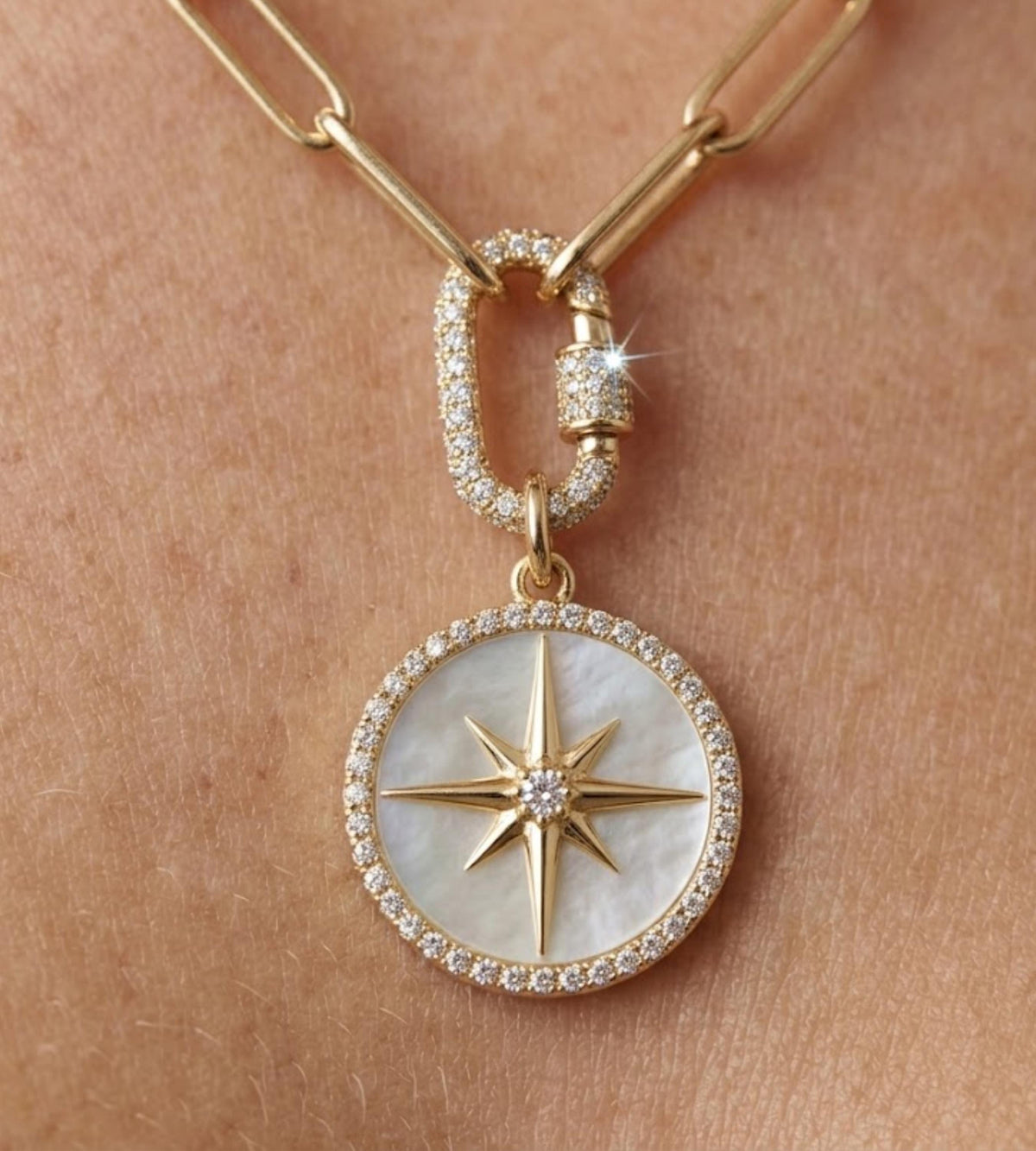 Compass Pendant Necklace, North Star Moissanite Necklace, 14K Gold Mother of Pearl Medallion, Minimalist Luxury Necklace, Gift for Her