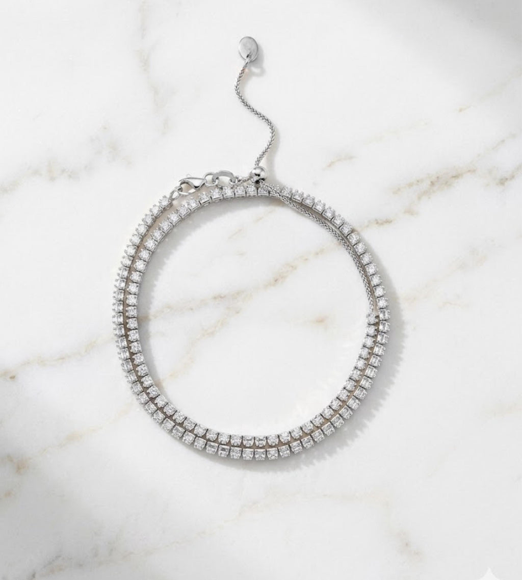 Sterling Silver Tennis Necklace Choker, CZ Diamond Like Brilliance, Adjustable Clasp