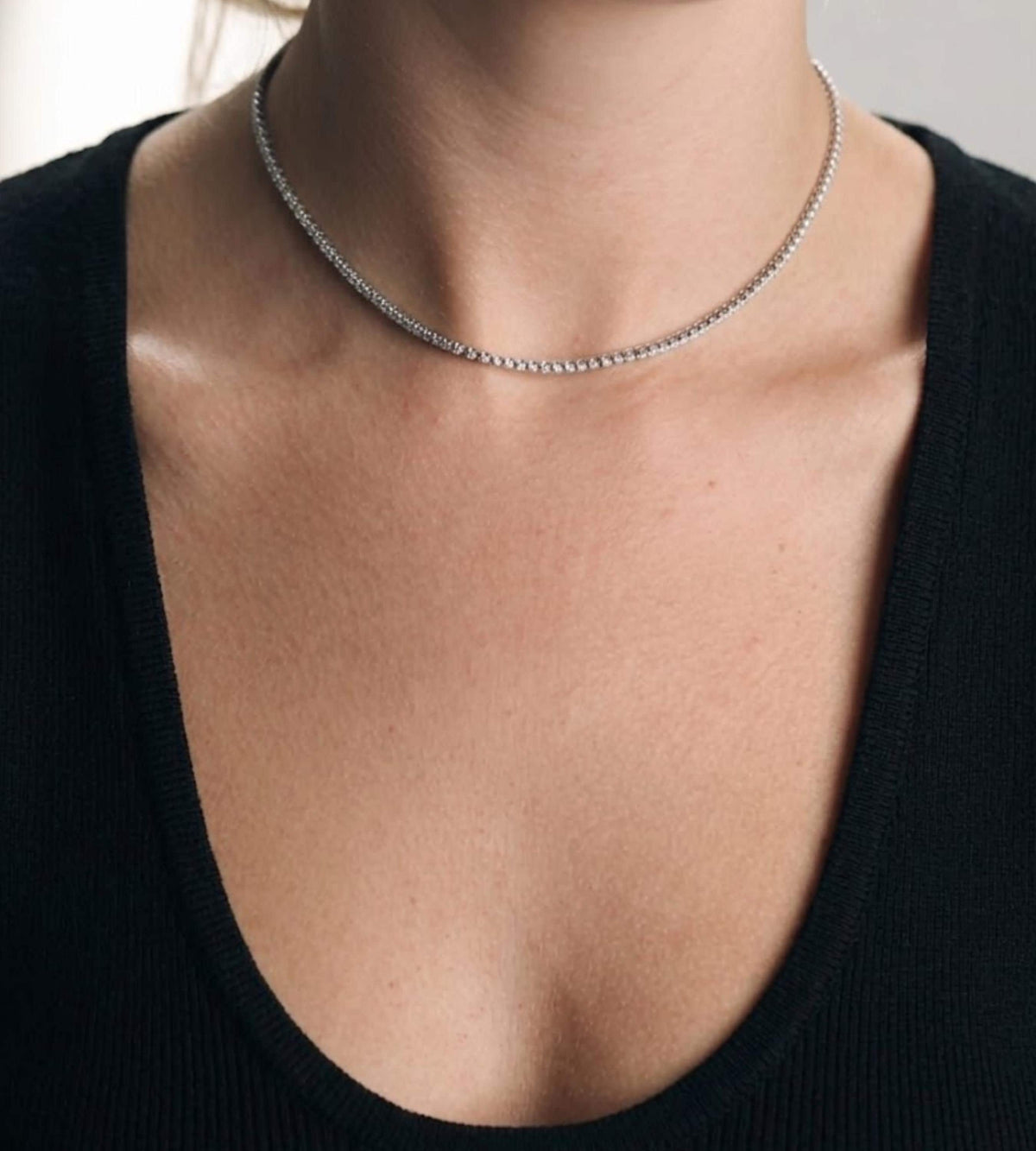Sterling Silver Tennis Necklace Choker, CZ Diamond Like Brilliance, Adjustable Clasp