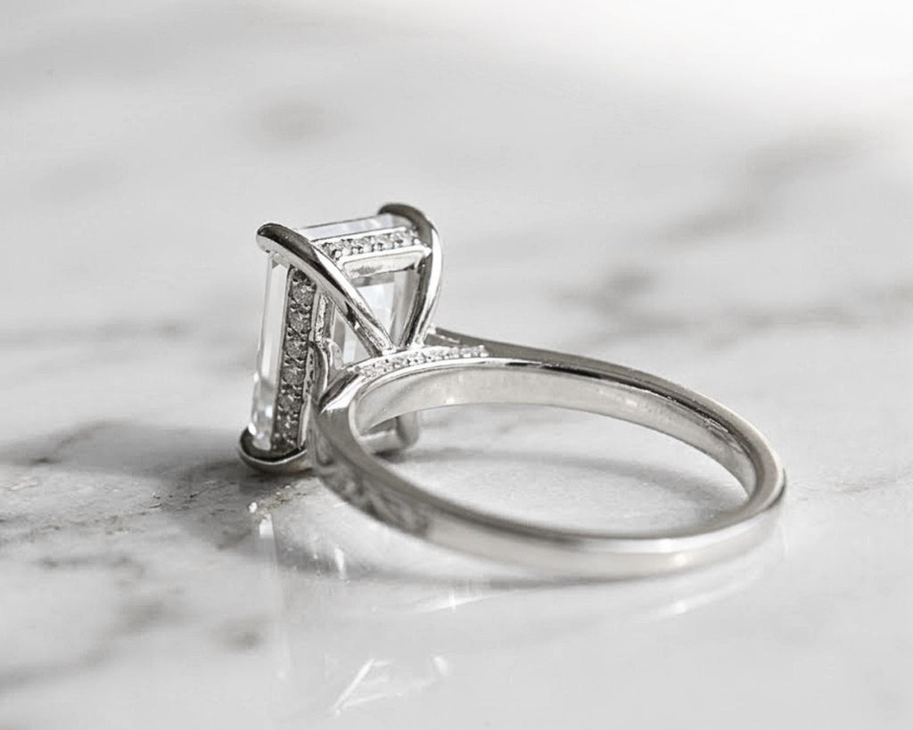 Vintage 4 CT Emerald Cut Moissanite Engagement Ring With Hidden Halo And Bridge Pave Set 925 Silver Dainty Engraving Band Wedding Ring