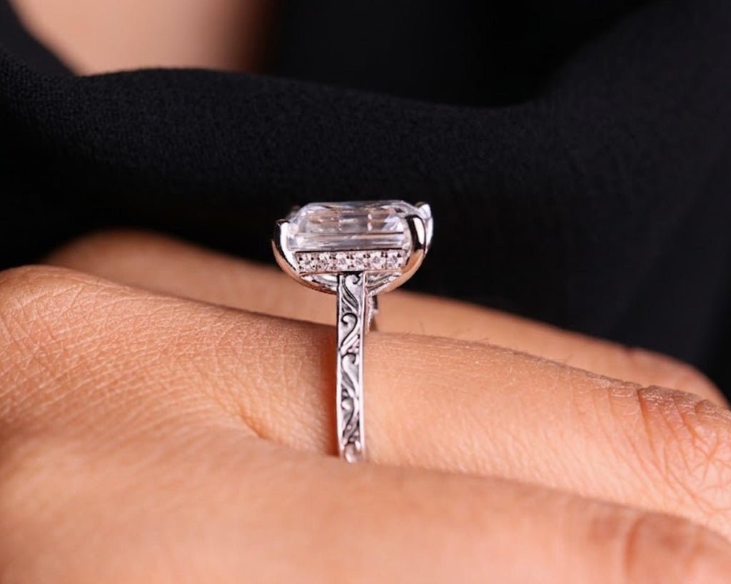 Vintage 4 CT Emerald Cut Moissanite Engagement Ring With Hidden Halo And Bridge Pave Set 925 Silver Dainty Engraving Band Wedding Ring