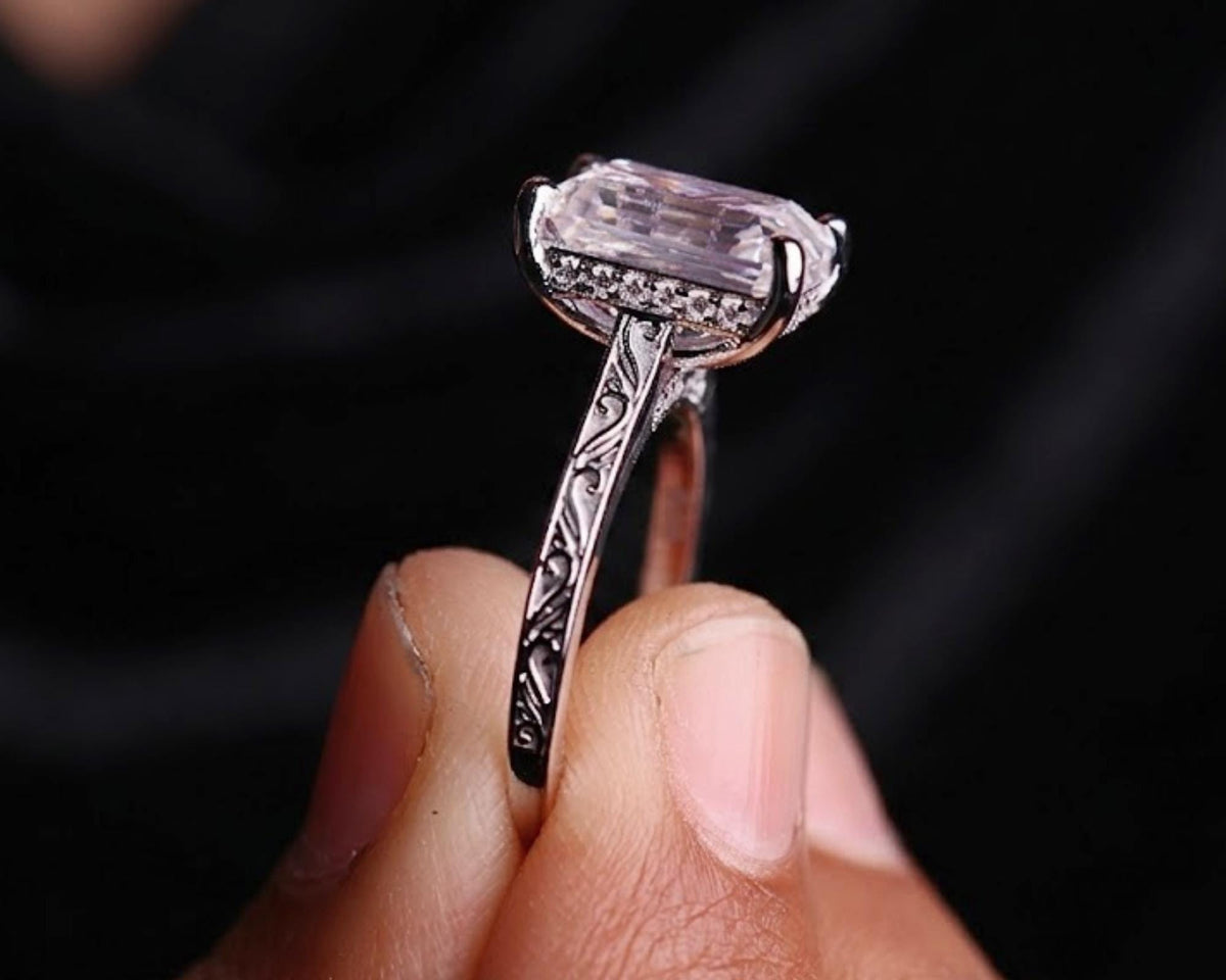 Vintage 4 CT Emerald Cut Moissanite Engagement Ring With Hidden Halo And Bridge Pave Set 925 Silver Dainty Engraving Band Wedding Ring