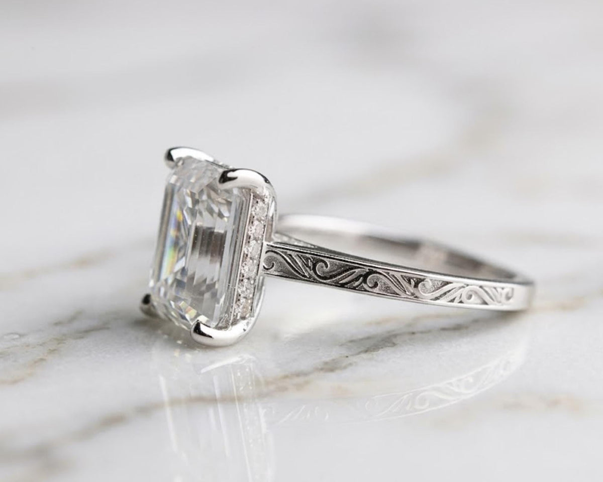Vintage 4 CT Emerald Cut Moissanite Engagement Ring With Hidden Halo And Bridge Pave Set 925 Silver Dainty Engraving Band Wedding Ring