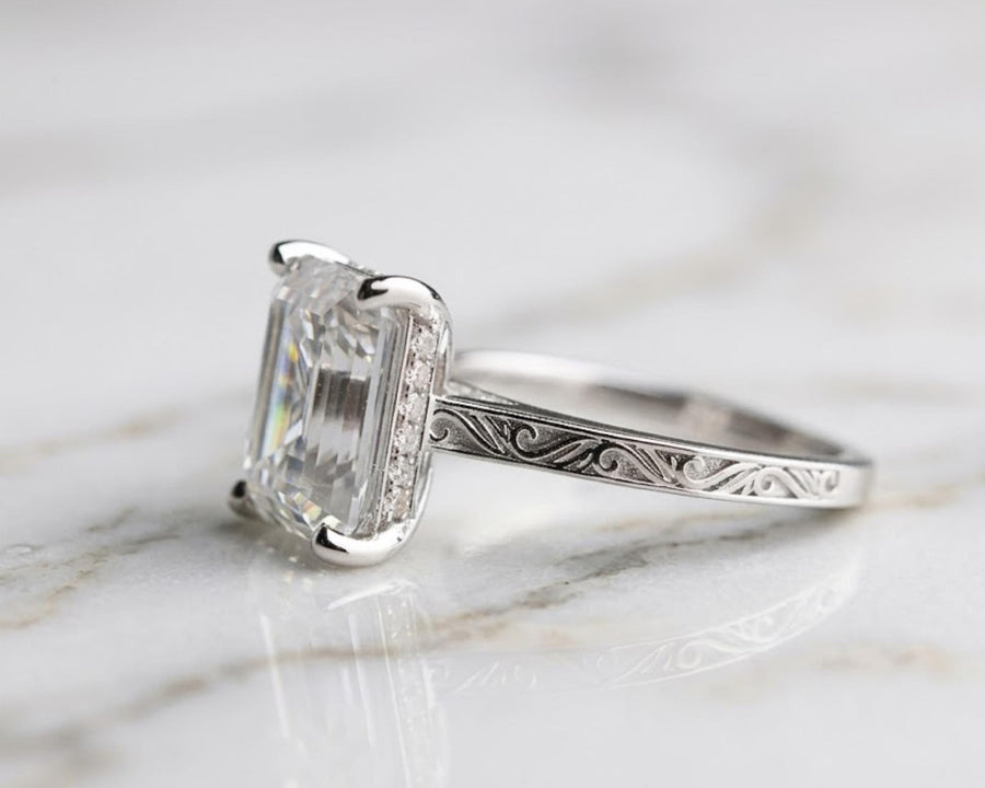 Vintage 4 CT Emerald Cut Moissanite Engagement Ring With Hidden Halo And Bridge Pave Set 14K Solid Gold Dainty Engraving Band Wedding Ring