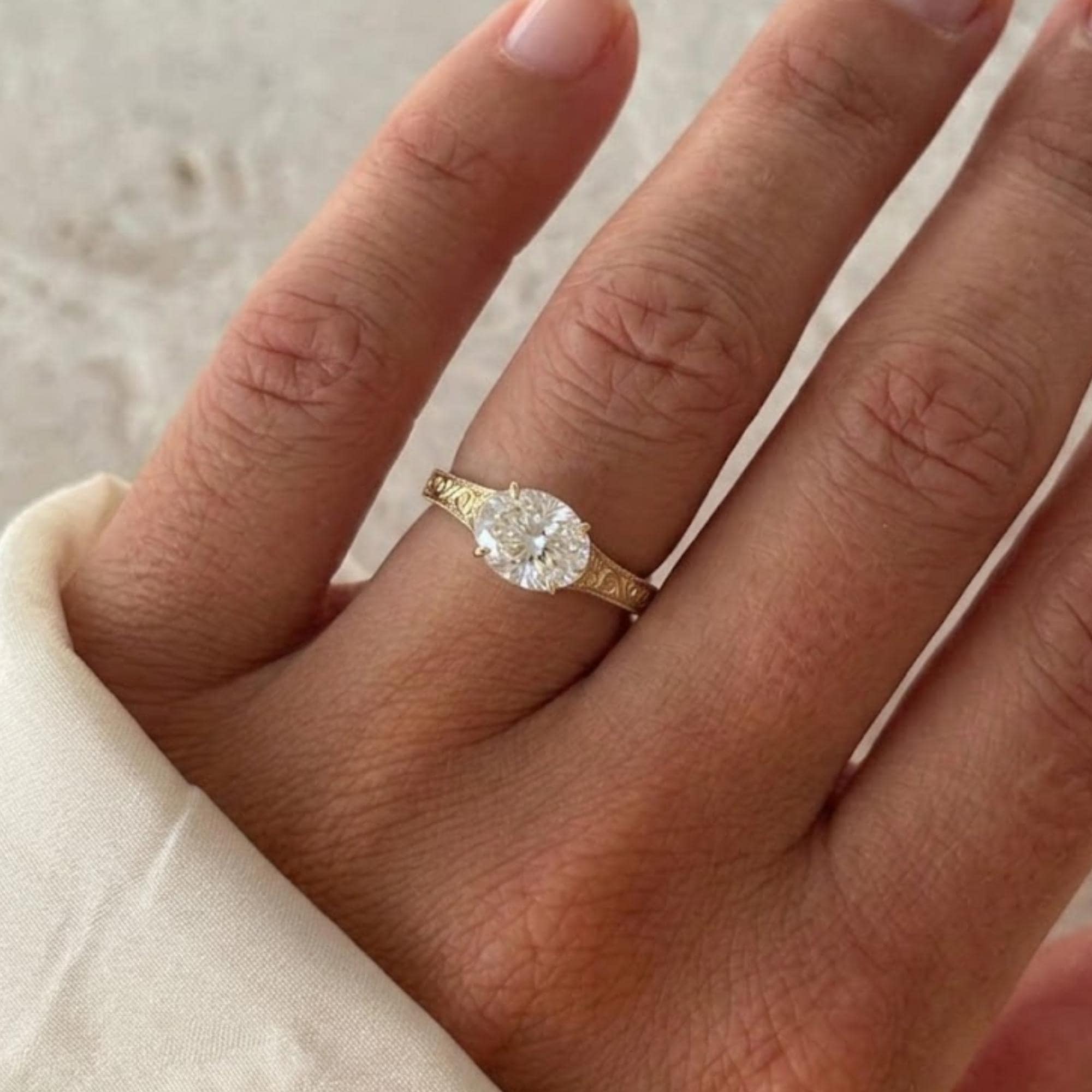 Vintage East West Oval Moissanite Diamond Engagement Ring, 14K Gold Custom Filigree Engraved Band, Claw Prong Wedding Ring