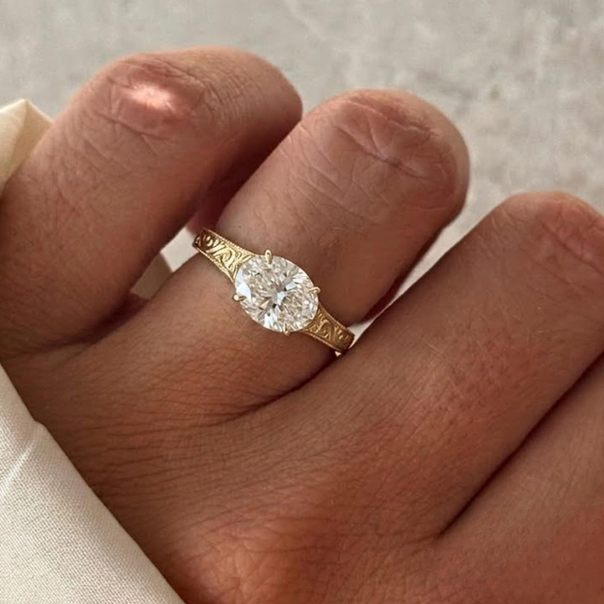 Vintage East West Oval Moissanite Engagement Ring, 14K Gold Plated Custom Filigree Engraved Band, Claw Prong Wedding Ring