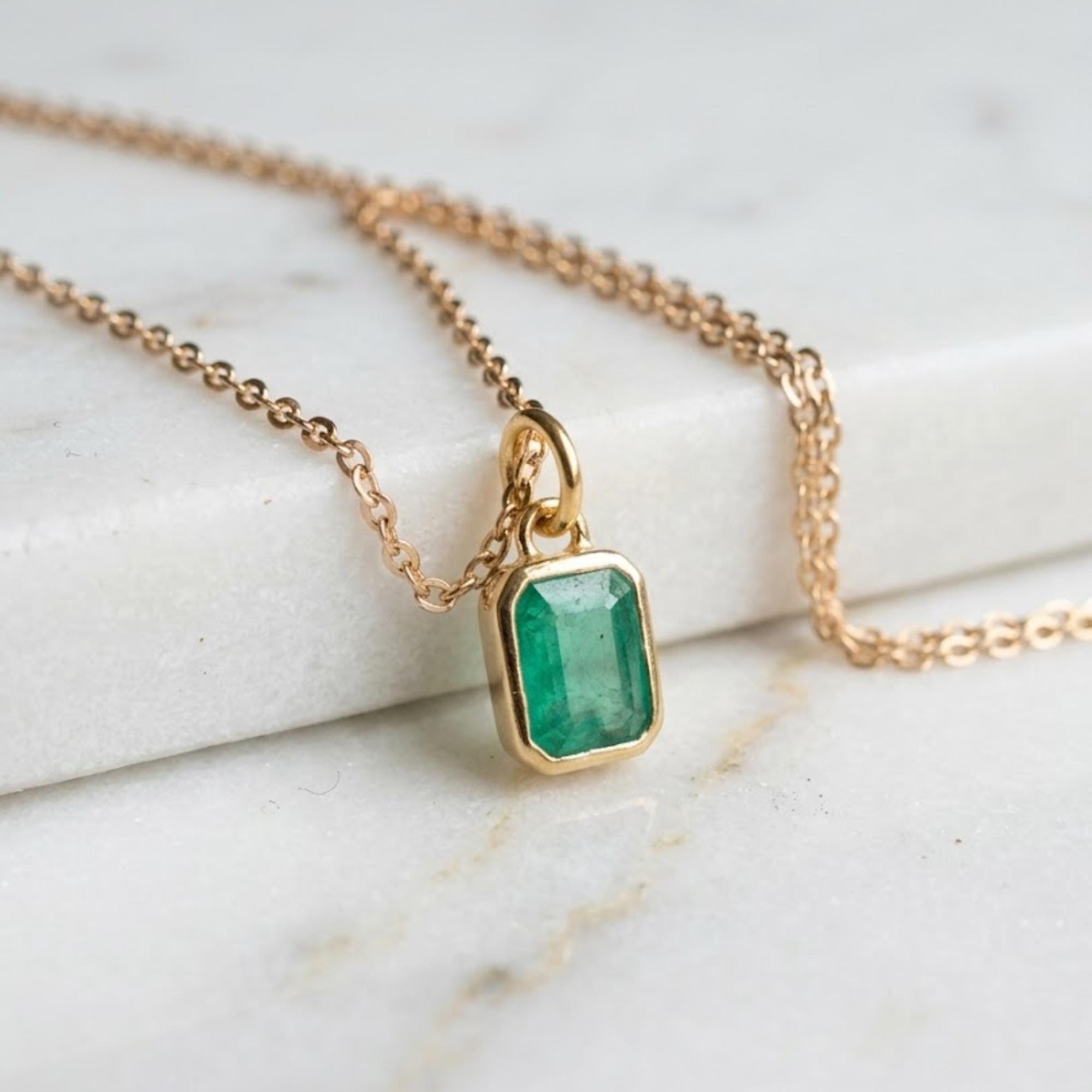 14k Gold Emerald Cut Green Emerald Pendant Minimalist Solid 10K Yellow Gold Pendant Necklace For Women Wedding Jewelry May Birthstone