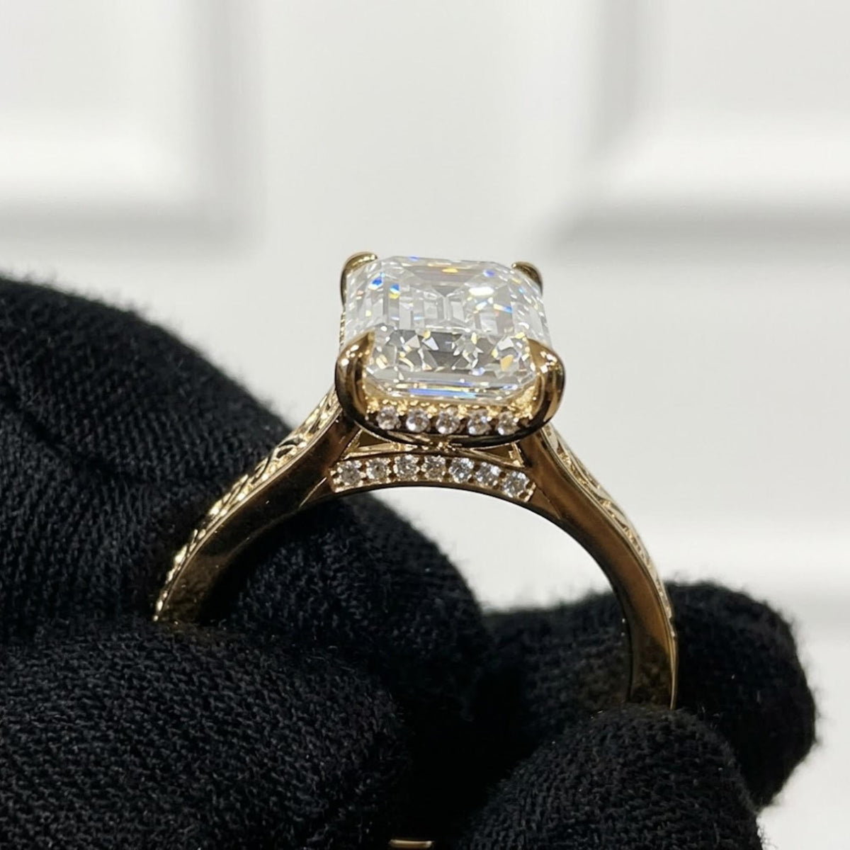 Vintage 4 CT Emerald Cut Moissanite Engagement Ring With Hidden Halo And Bridge Pave Set 10K Solid Gold Dainty Engraving Band Wedding Ring