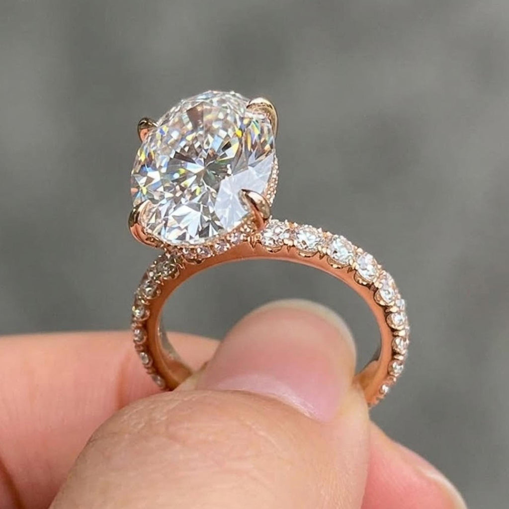 3 CT Oval Cut Moissanite Diamond Engagement Ring, 14K Solid Gold Hidden Halo Ring, Oval Wedding Ring, Solitaire Anniversary Ring