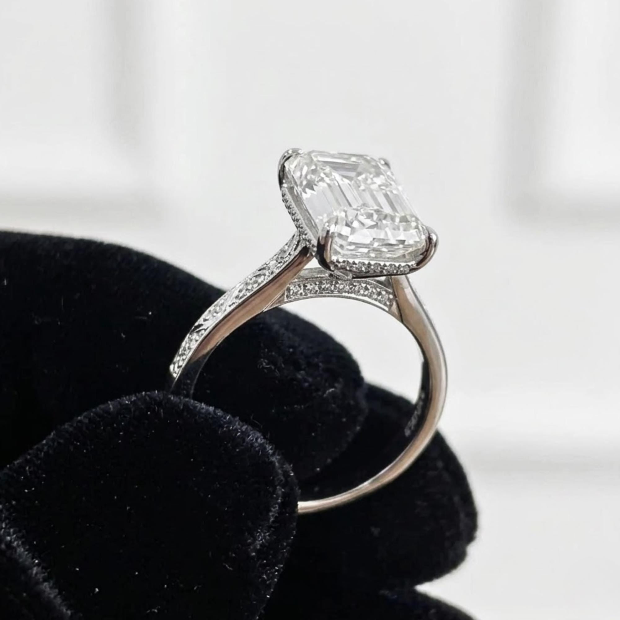 Vintage 4 CT Emerald Cut Moissanite Engagement Ring With Hidden Halo And Bridge Pave Set 14K Solid Gold Dainty Engraving Band Wedding Ring