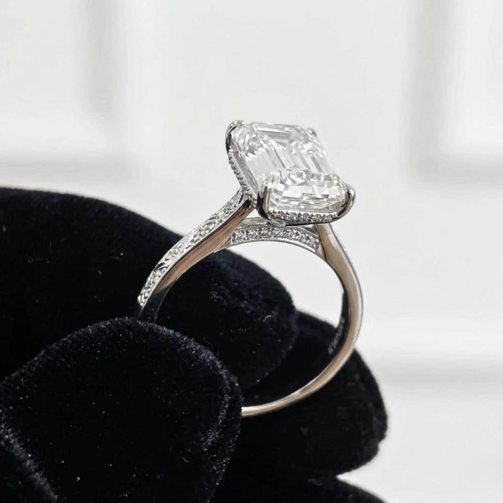 Vintage 4 CT Emerald Cut Diamond Engagement Ring With Hidden Halo And Bridge Pave Set 14K Solid Gold Dainty Engraving Band Wedding Ring