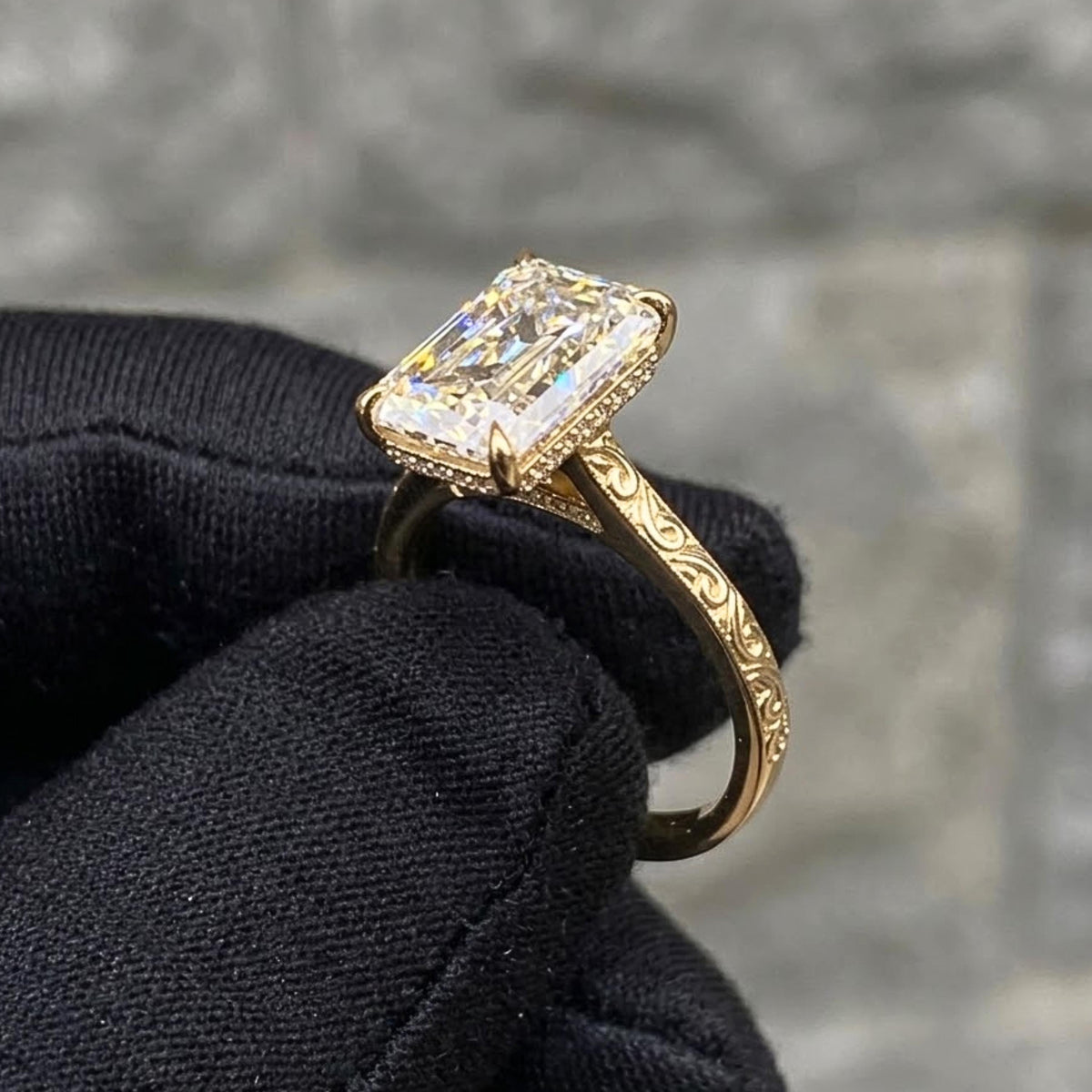 Vintage 4 CT Emerald Cut Moissanite Engagement Ring With Hidden Halo And Bridge Pave Set 14K Solid Gold Dainty Engraving Band Wedding Ring
