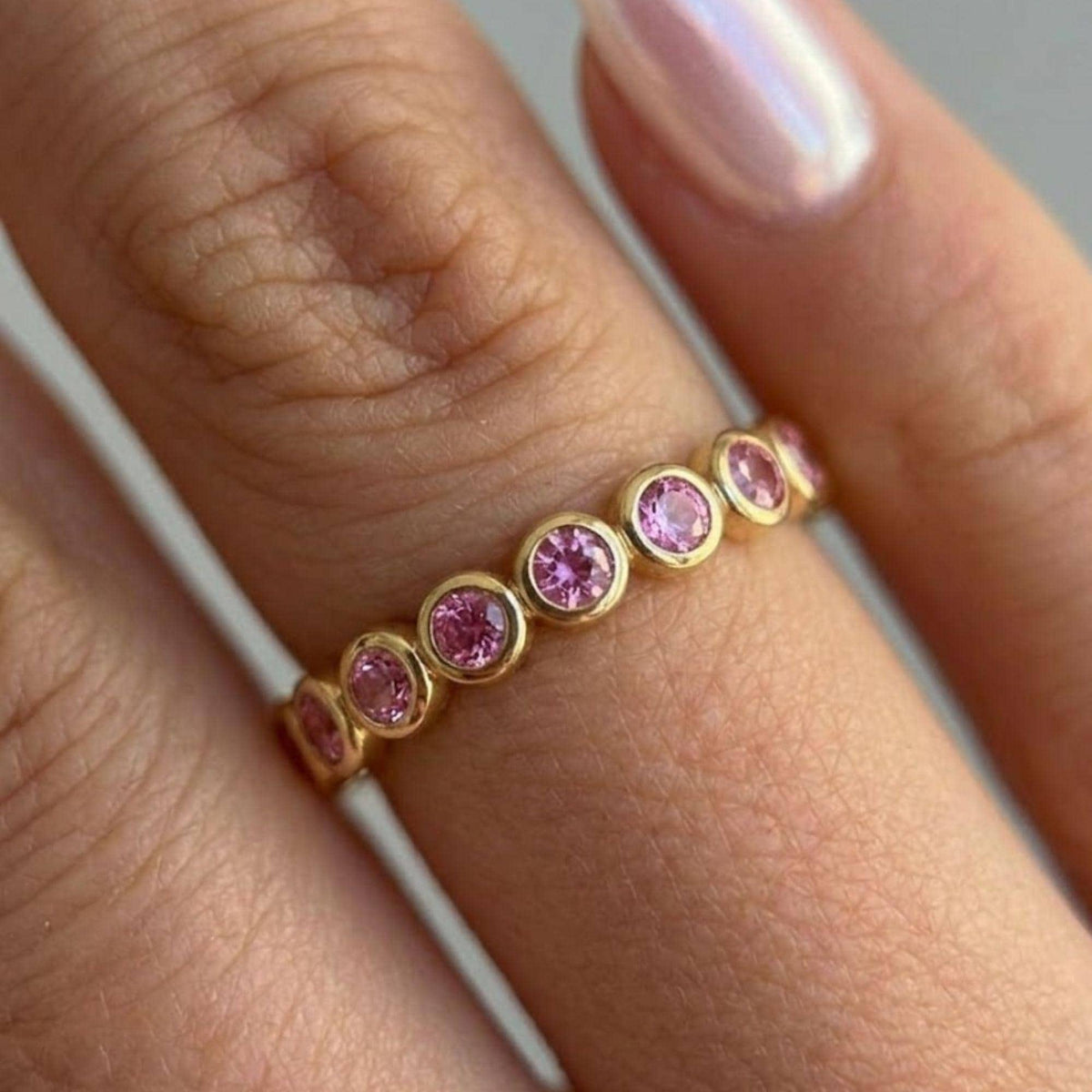 Pink Sapphire Ring / 14k Eternity Pink Sapphire Wedding Ring / Stackable Pink Natural Genuine Pink Sapphire Ring for Women