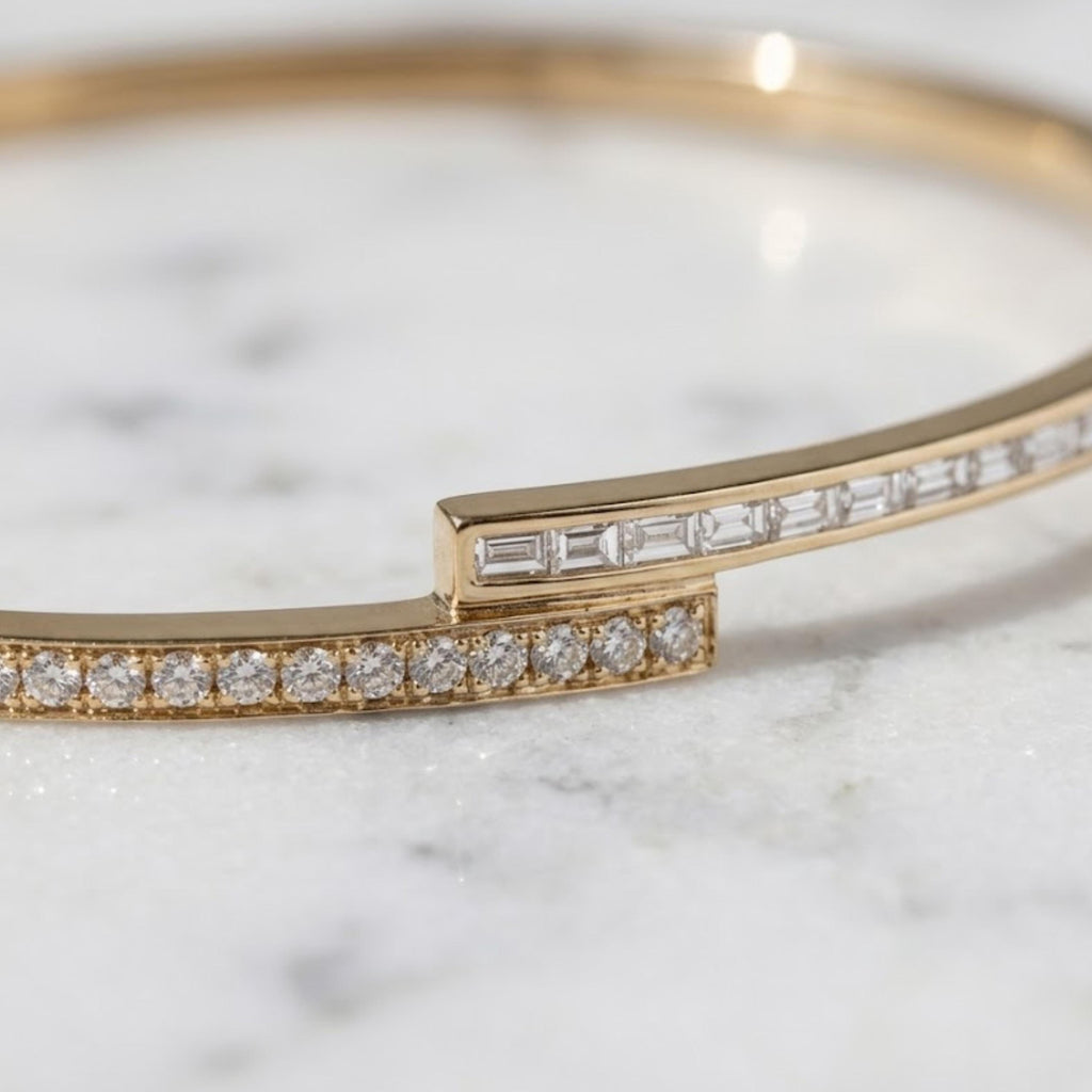14K Solid Yellow Gold Moissanite Bangle Bracelet, Flush Setting Wedding Cuff Bangle