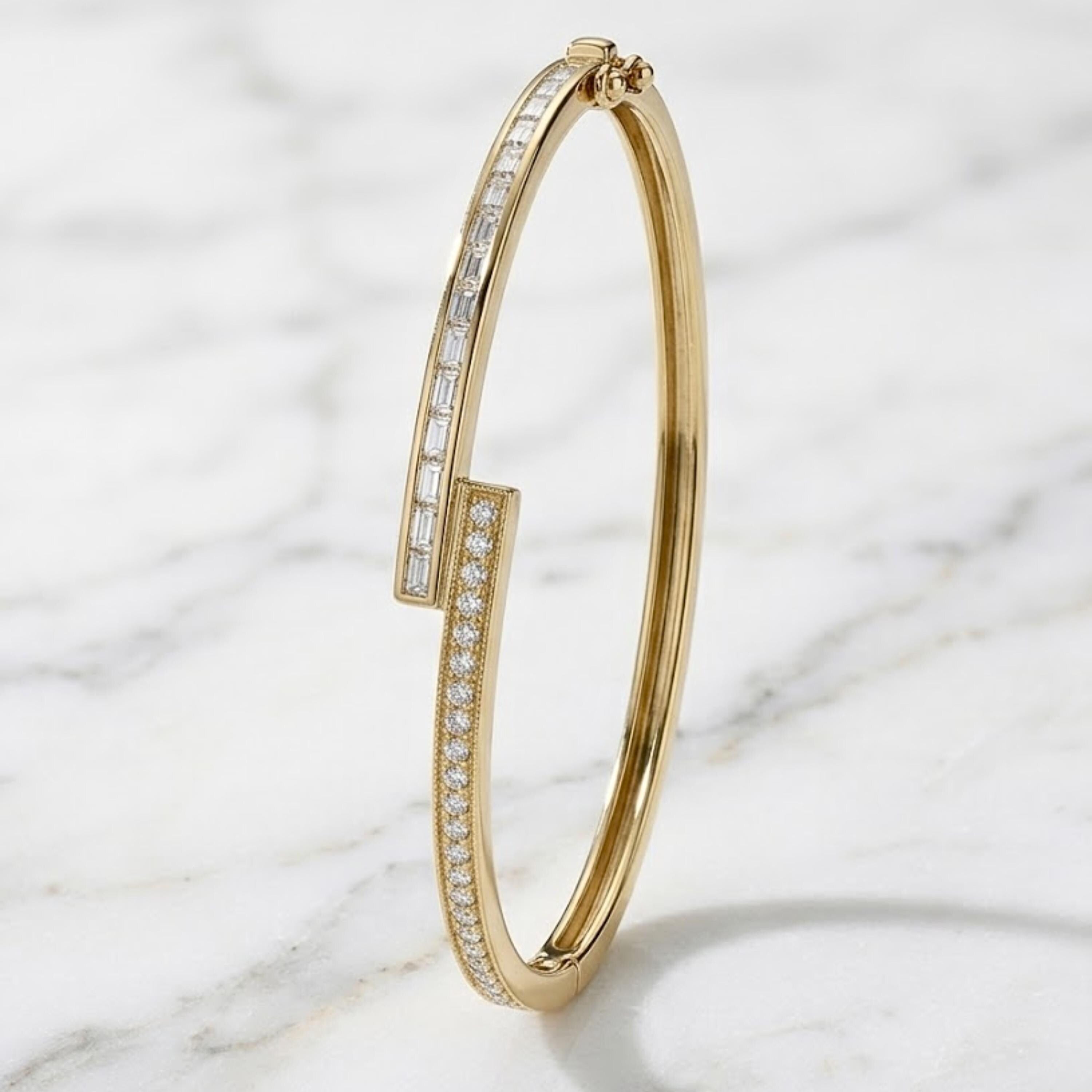 14K Solid Yellow Gold Moissanite Bangle Bracelet, Flush Setting Wedding Cuff Bangle