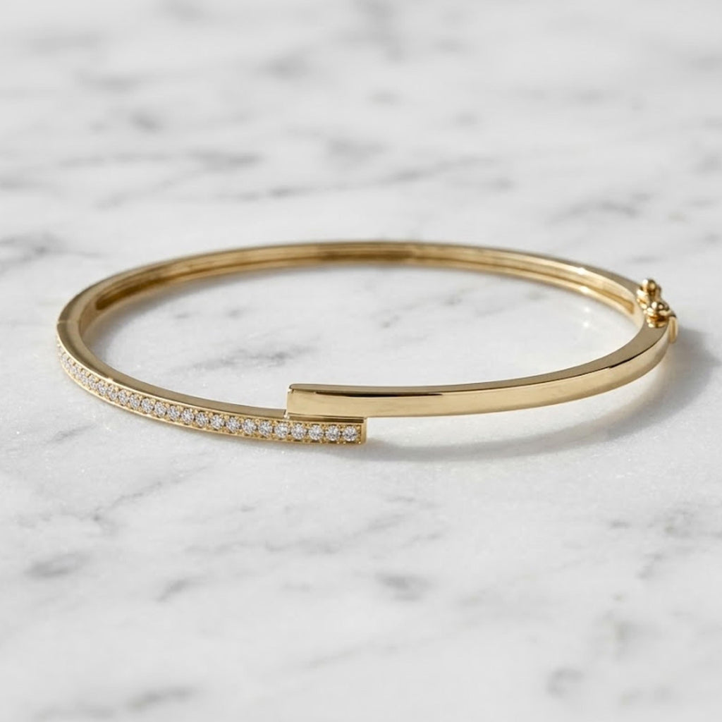14K Solid Yellow Gold Moissanite Bangle Bracelet, Flush Setting Wedding Cuff Bangle