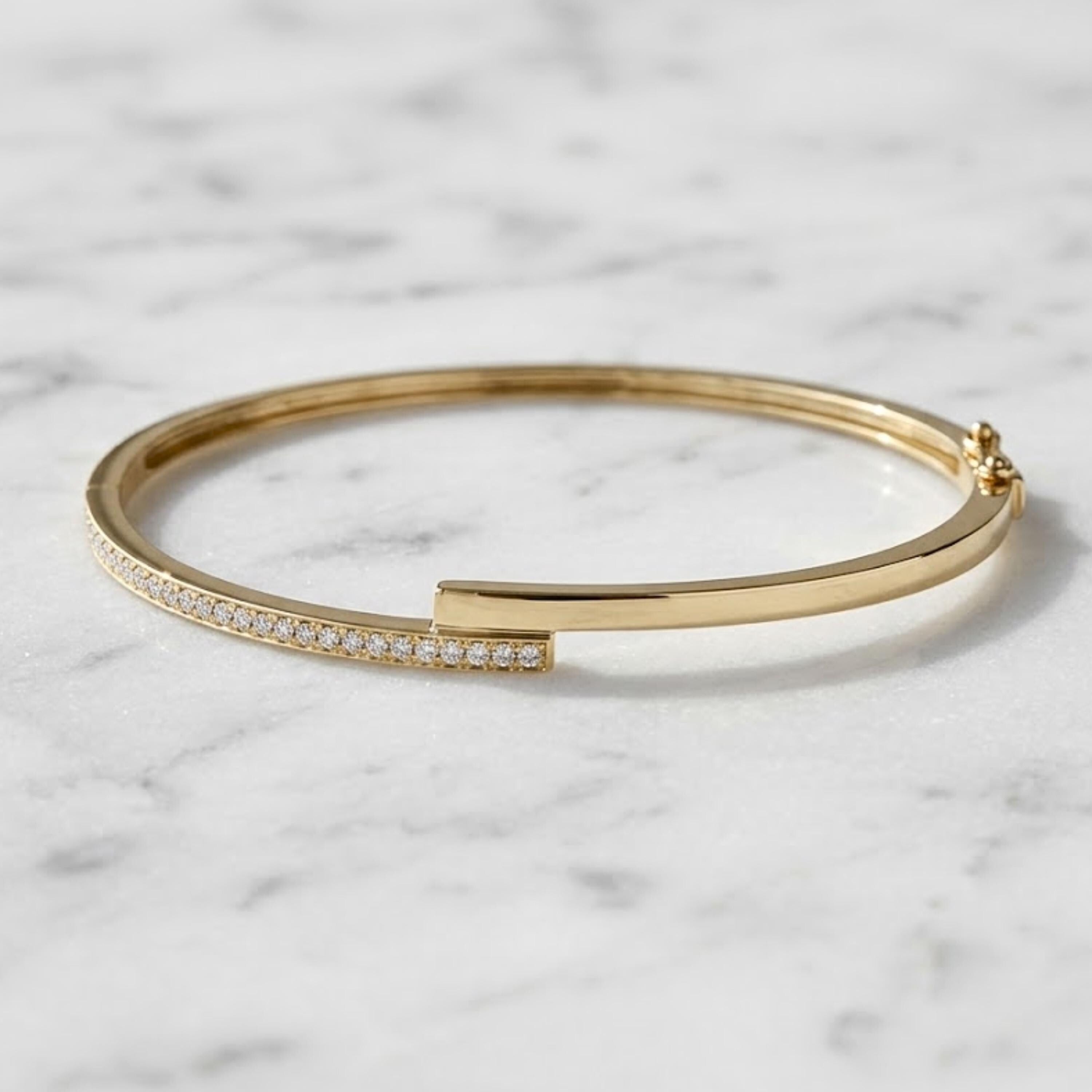 14K Solid Yellow Gold Moissanite Bangle Bracelet, Flush Setting Wedding Cuff Bangle