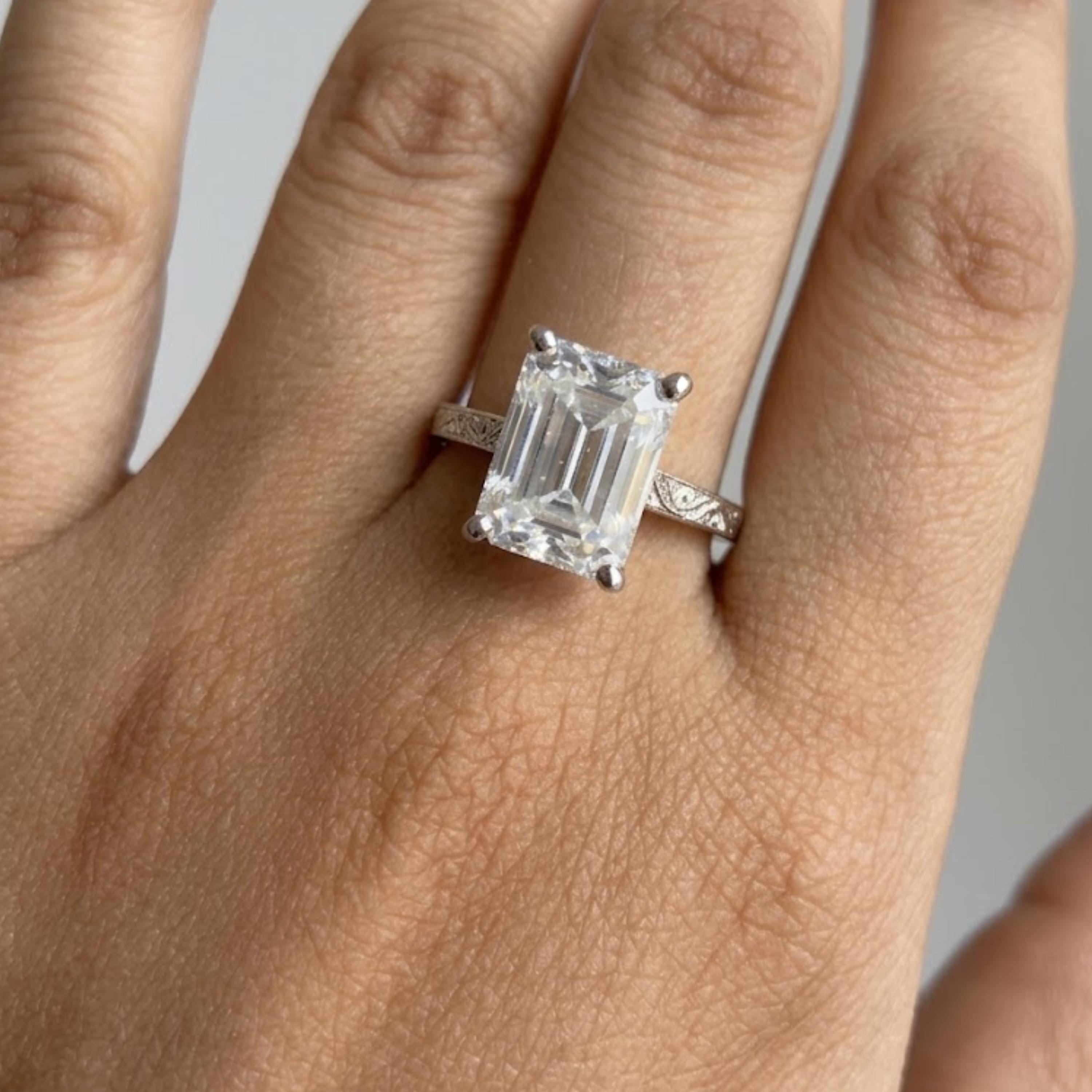 Vintage 4 CT Emerald Cut Diamond Engagement Ring With Hidden Halo And Bridge Pave Set 14K Solid Gold Dainty Engraving Band Wedding Ring