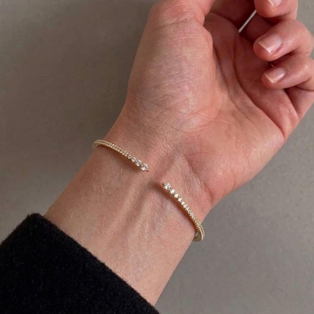 14K Solid Yellow Gold Diamond Bangle Bracelet | Women's Cuff