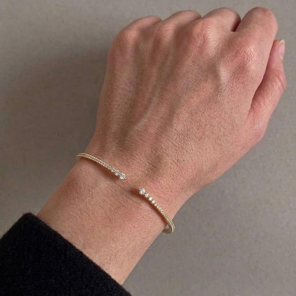 14K Solid Yellow Gold Diamond Bangle Bracelet | Women's Cuff