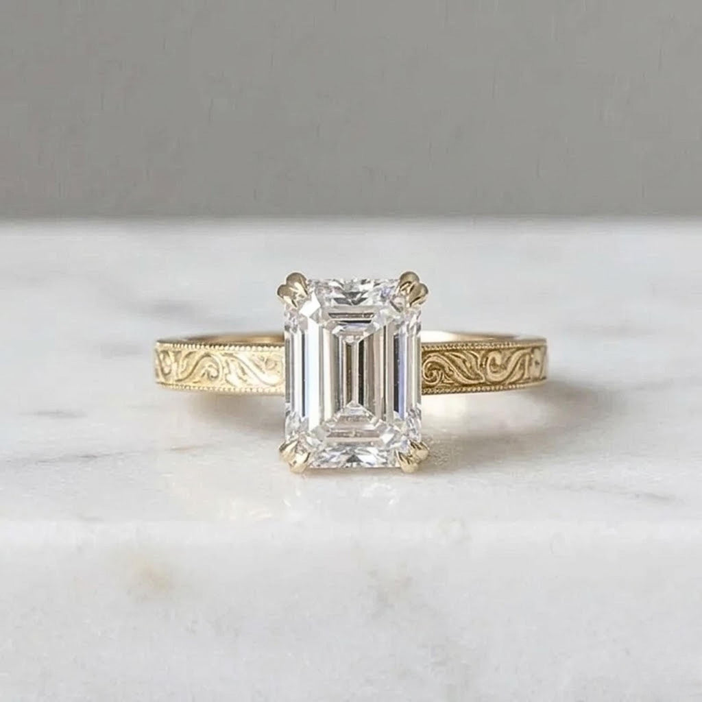 Emerald Cut Moissanite Ring, 14K Yellow Gold Vintage Floral Band