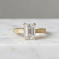 Emerald Cut Moissanite Ring, 14K Yellow Gold Vintage Floral Band