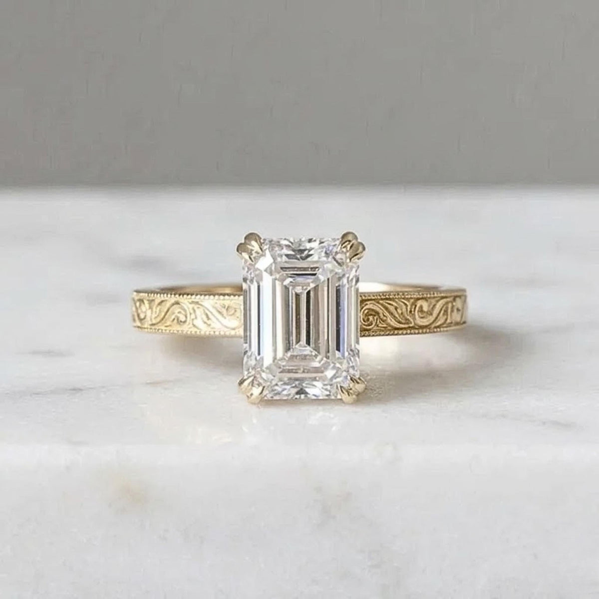 Emerald Cut Moissanite Ring, 14K Yellow Gold Vintage Floral Band
