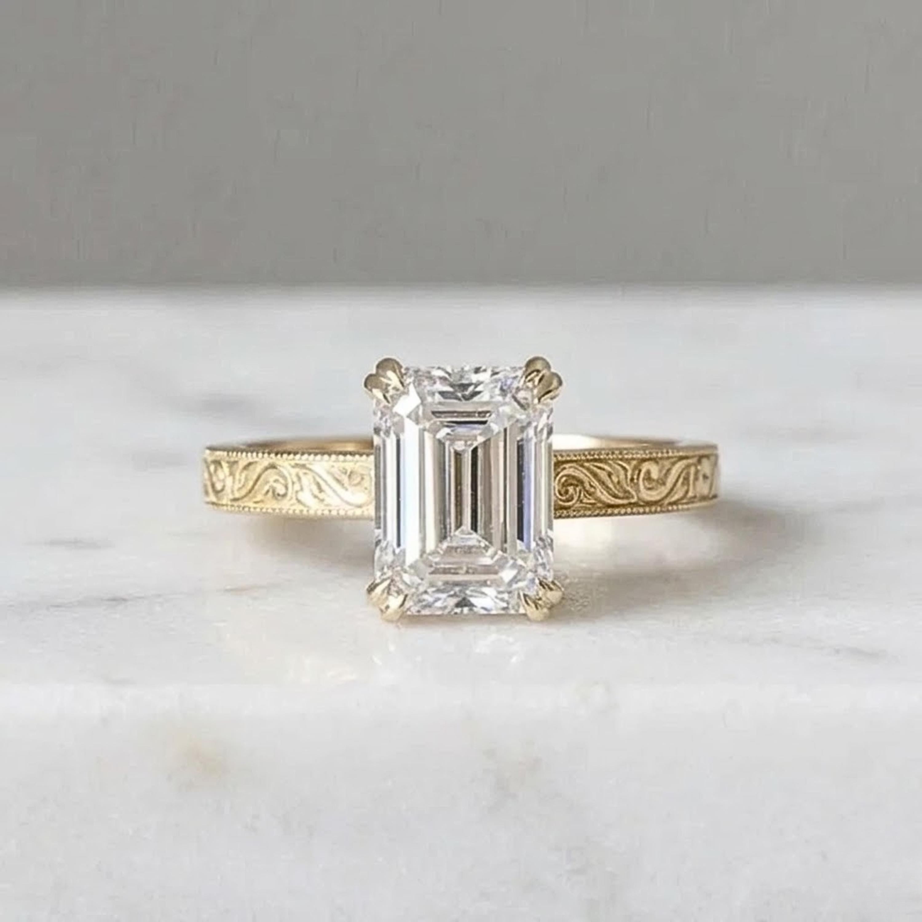 Emerald Cut Moissanite Ring, 14K Yellow Gold Vintage Floral Band
