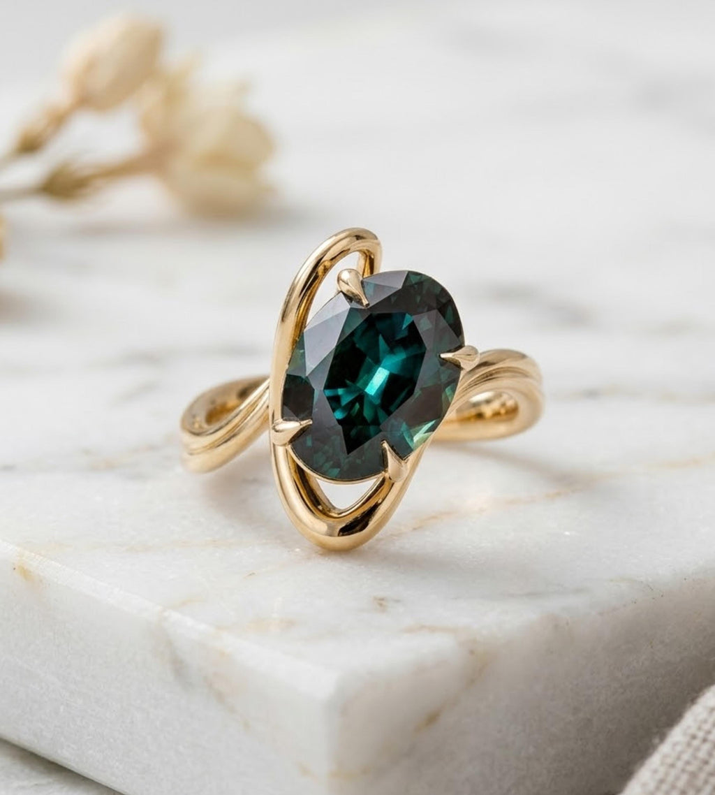 Oval Engagement Ring, Vintage Style Teal sapphire Oval Cut Solitaire Ring, Bypass Teal Sapphire Ring, 14K Yellow Gold Bridal Promise Ring