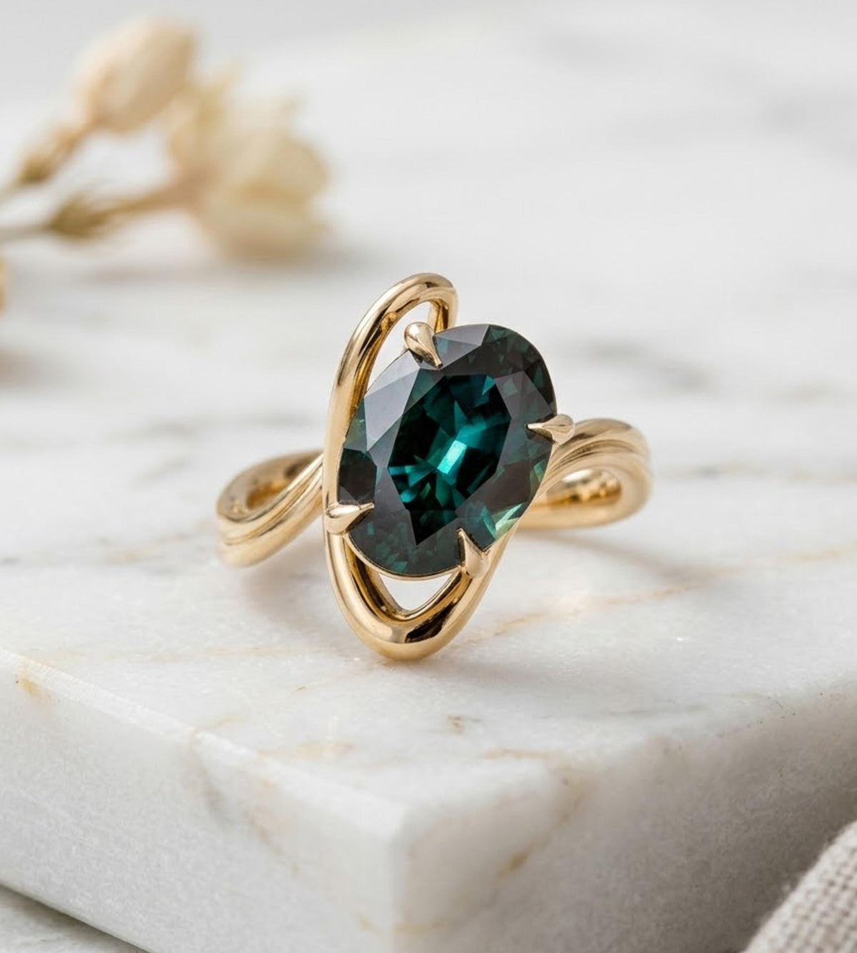 Oval Engagement Ring, Vintage Style Teal sapphire Oval Cut Solitaire Ring, Bypass Teal Sapphire Ring, 14K Yellow Gold Bridal Promise Ring