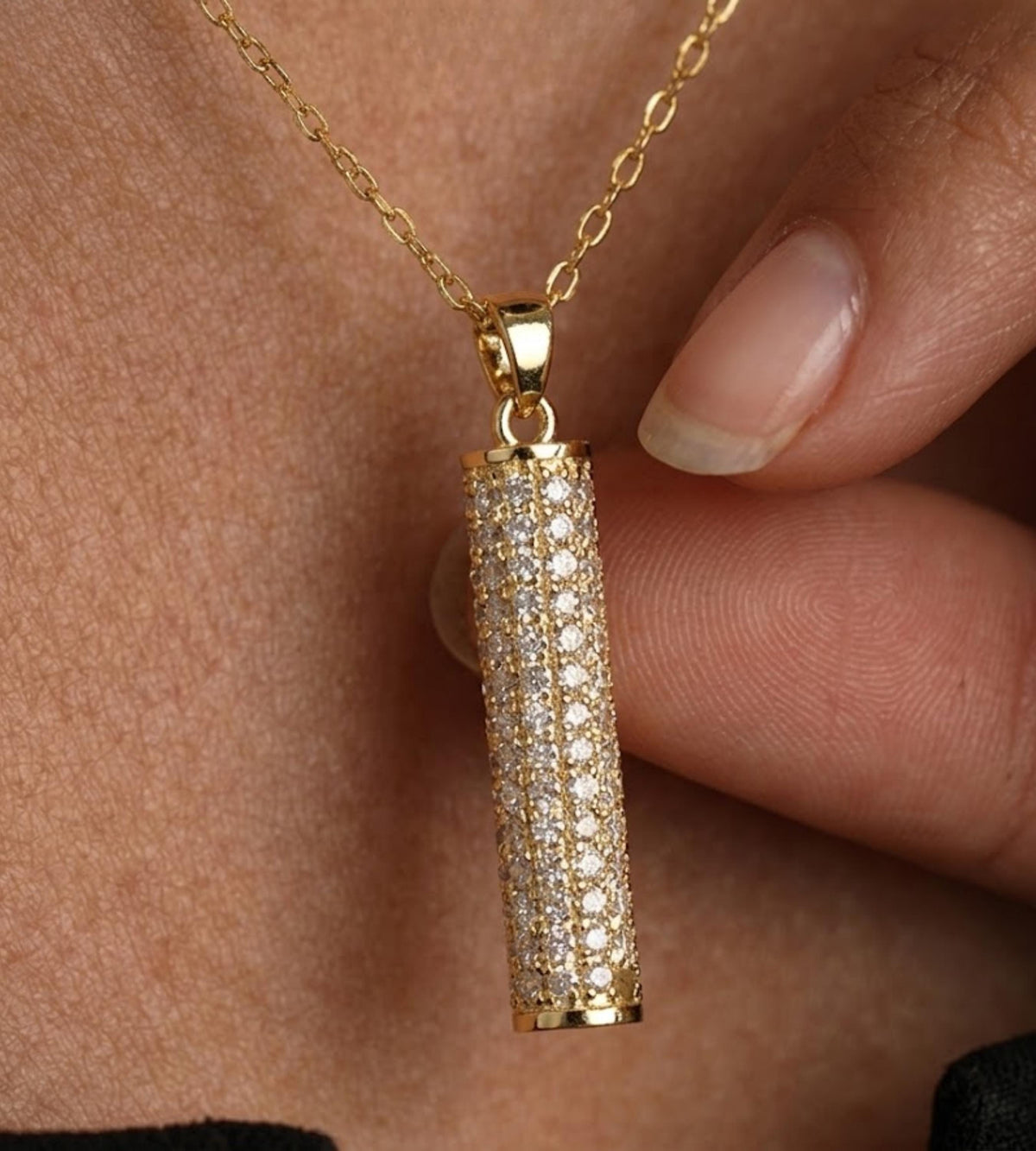 14K Gold Moissanite Bar Necklace, Vertical Pendant, Dainty Fine Jewelry for Her, Round D+ VSS+ Diamonds, Gift for Women