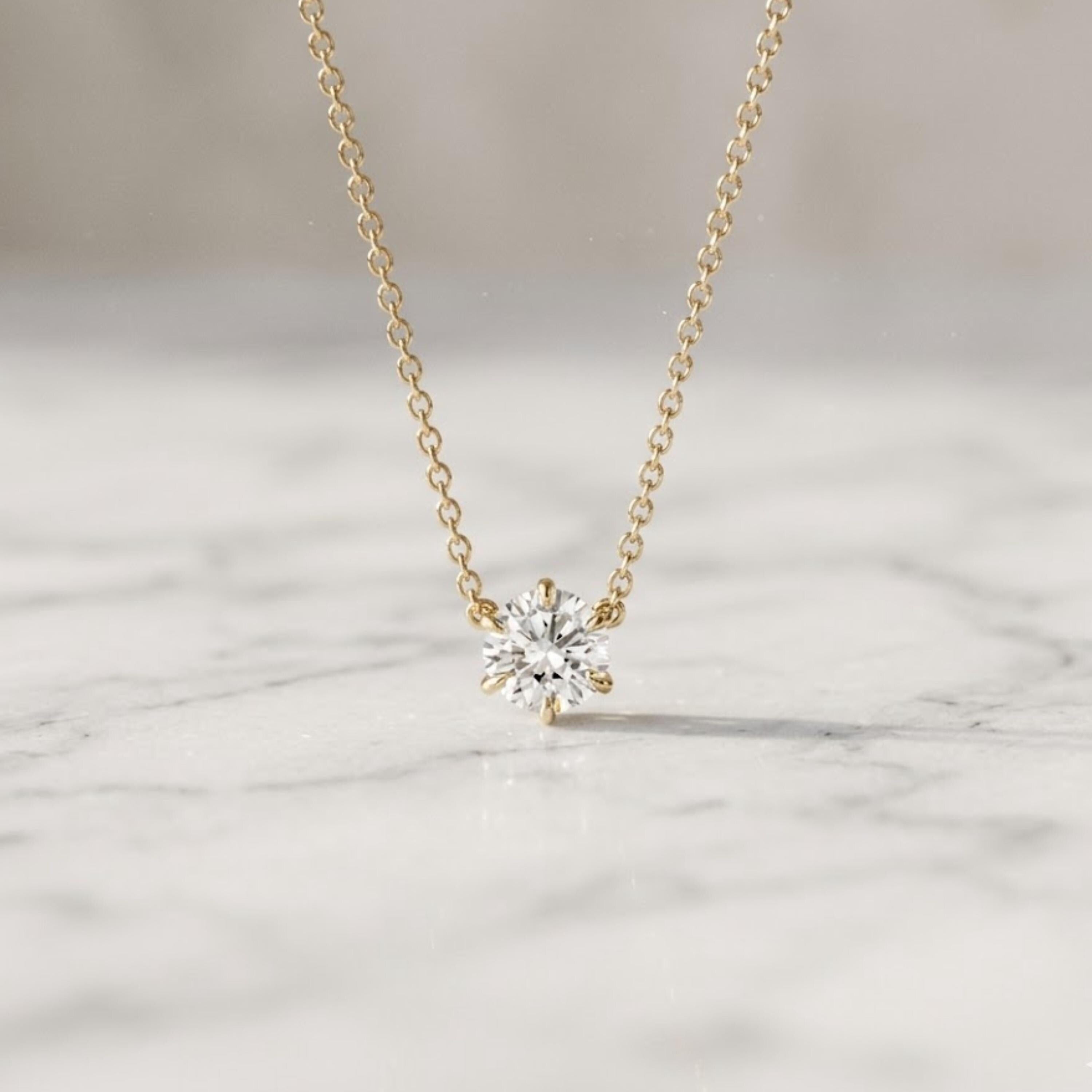 Lab Grown Diamond, 14K Gold Attached Diamond Solitaire Necklace, Beautiful White Diamonds