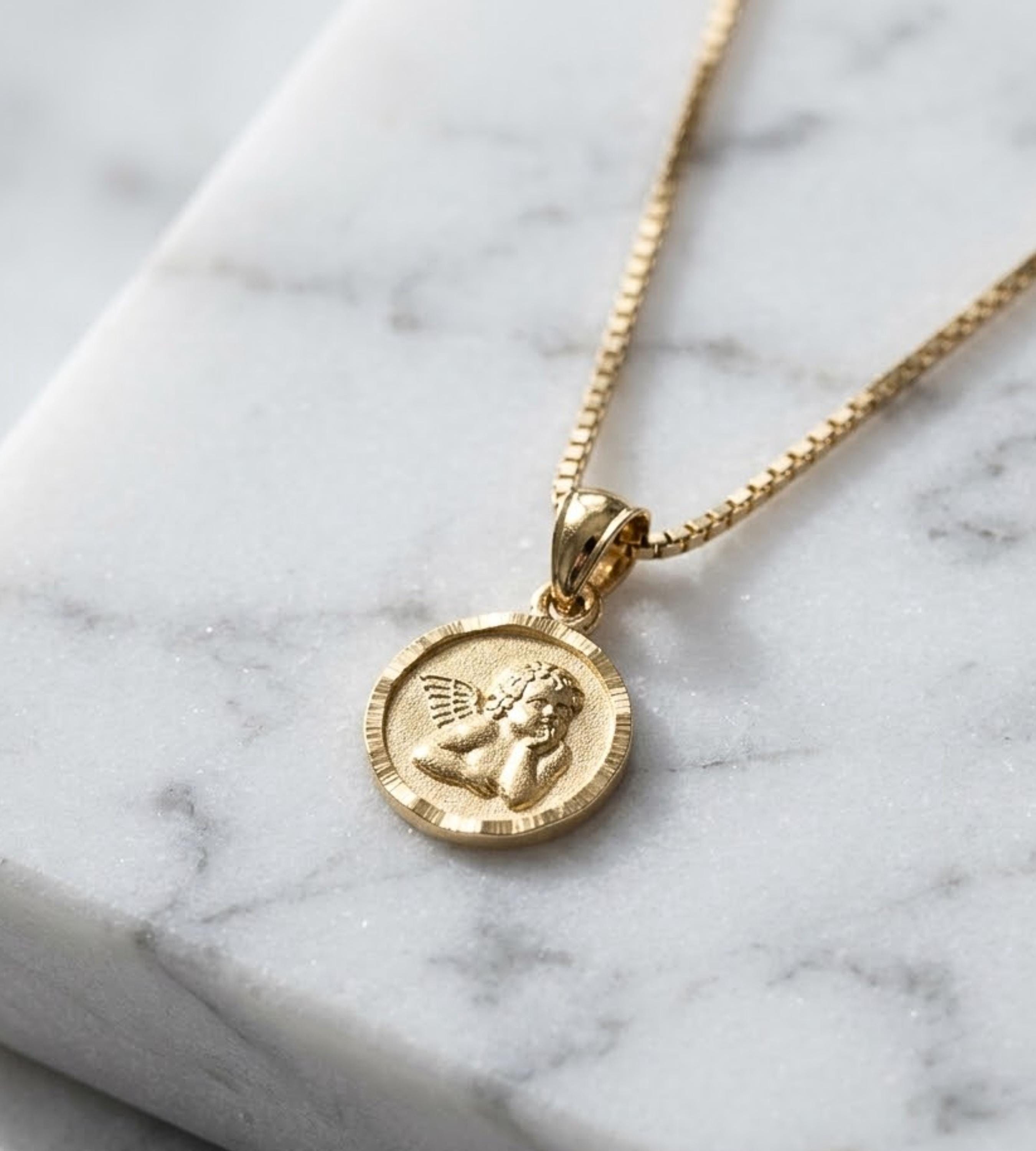 14k Solid Gold Angel Pendant Necklace: Cherub Necklace, Religious Gift
