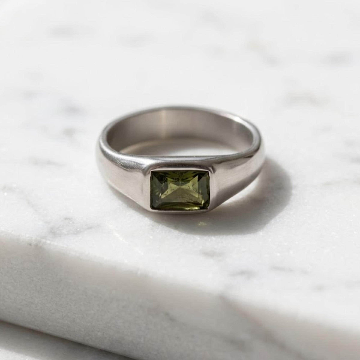 14K Gold Emerald Cut Green Sapphire Mens Teal Sapphire Mens Wedding Band Diamond Moon Star Inner Engraved Band Anniversary Gift For Him