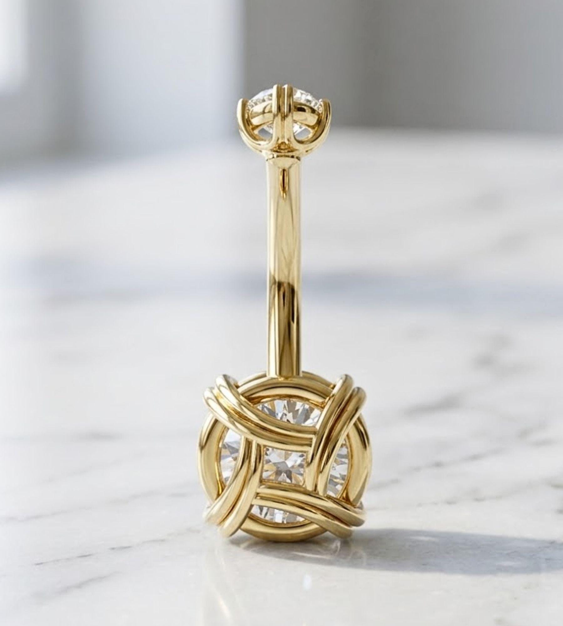 14K Solid Gold Round CZ Belly Button Ring/14G Screw on Navel Ring with Prong Set Gemstones, Elegant Belly Piercing Jewelry,