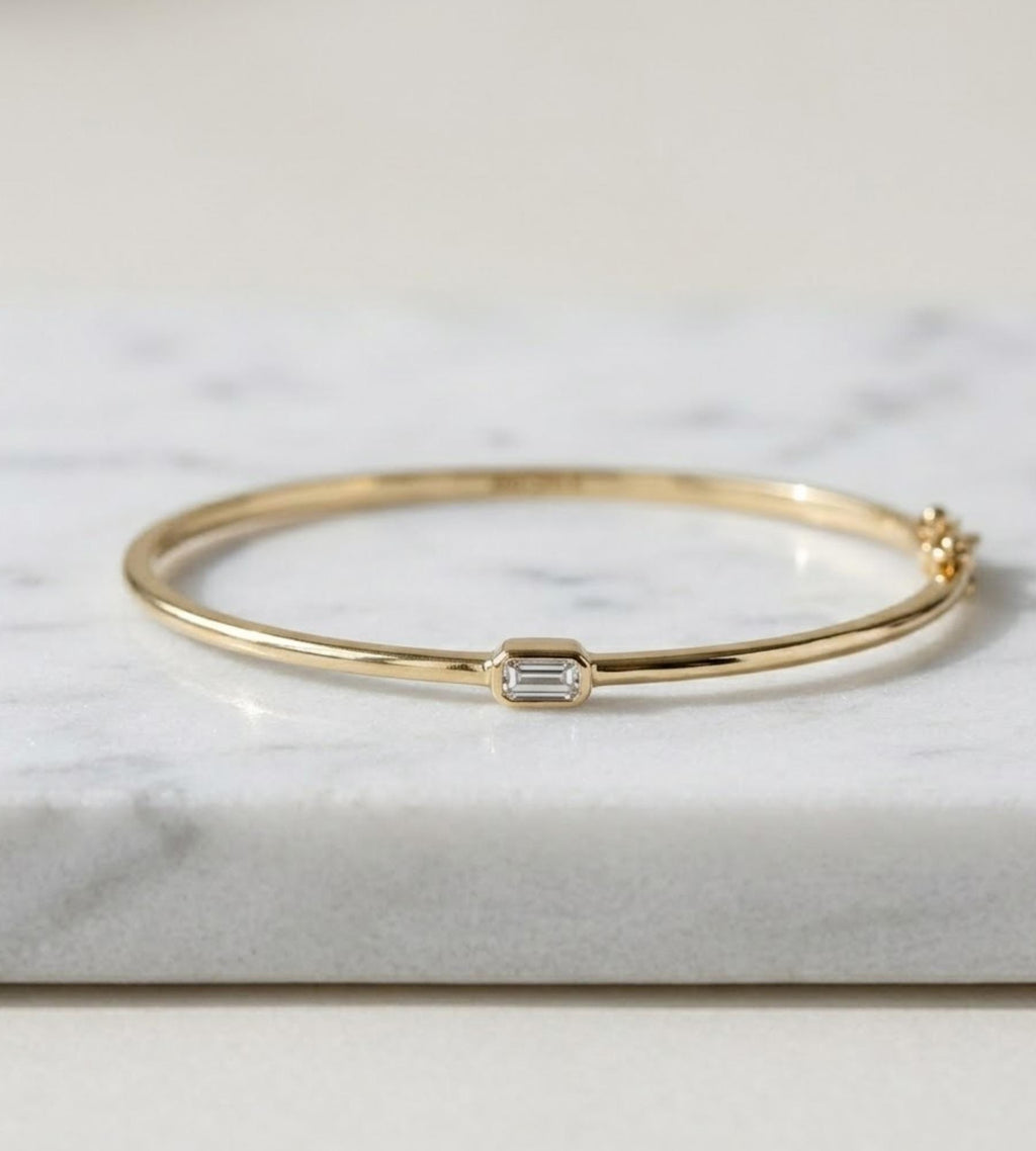 14K Gold Solitaire Bracelet, Emerald Shape Solitaire Bangle, Diamond Bangle Bracelet, Emerald Bracelet Bangle, Hinged Gold Bangle