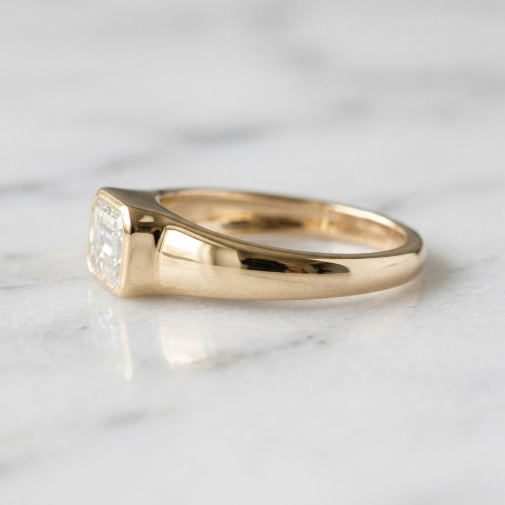 1.50 ctw Emerald Cut Moissanite Signet Ring, 14K Gold Bezel Set Dainty Engagement Ring, Minimalist Stackable Promise Ring, Birthday