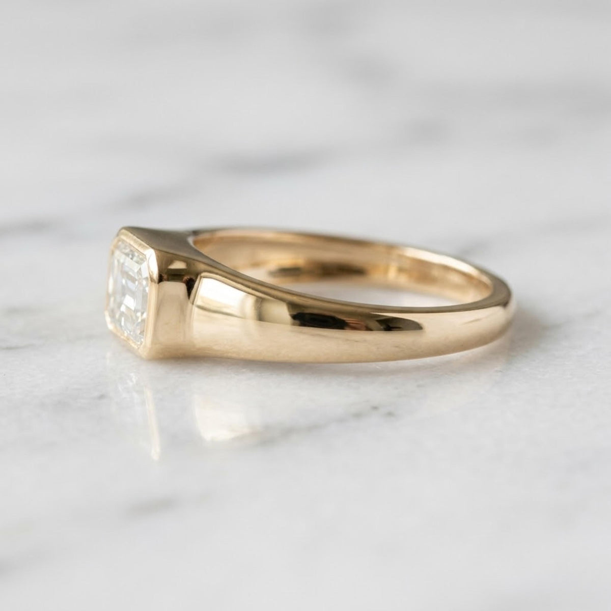 1.50 ctw Emerald Cut Moissanite Signet Ring, 14K Gold Bezel Set Dainty Engagement Ring, Minimalist Stackable Promise Ring, Birthday