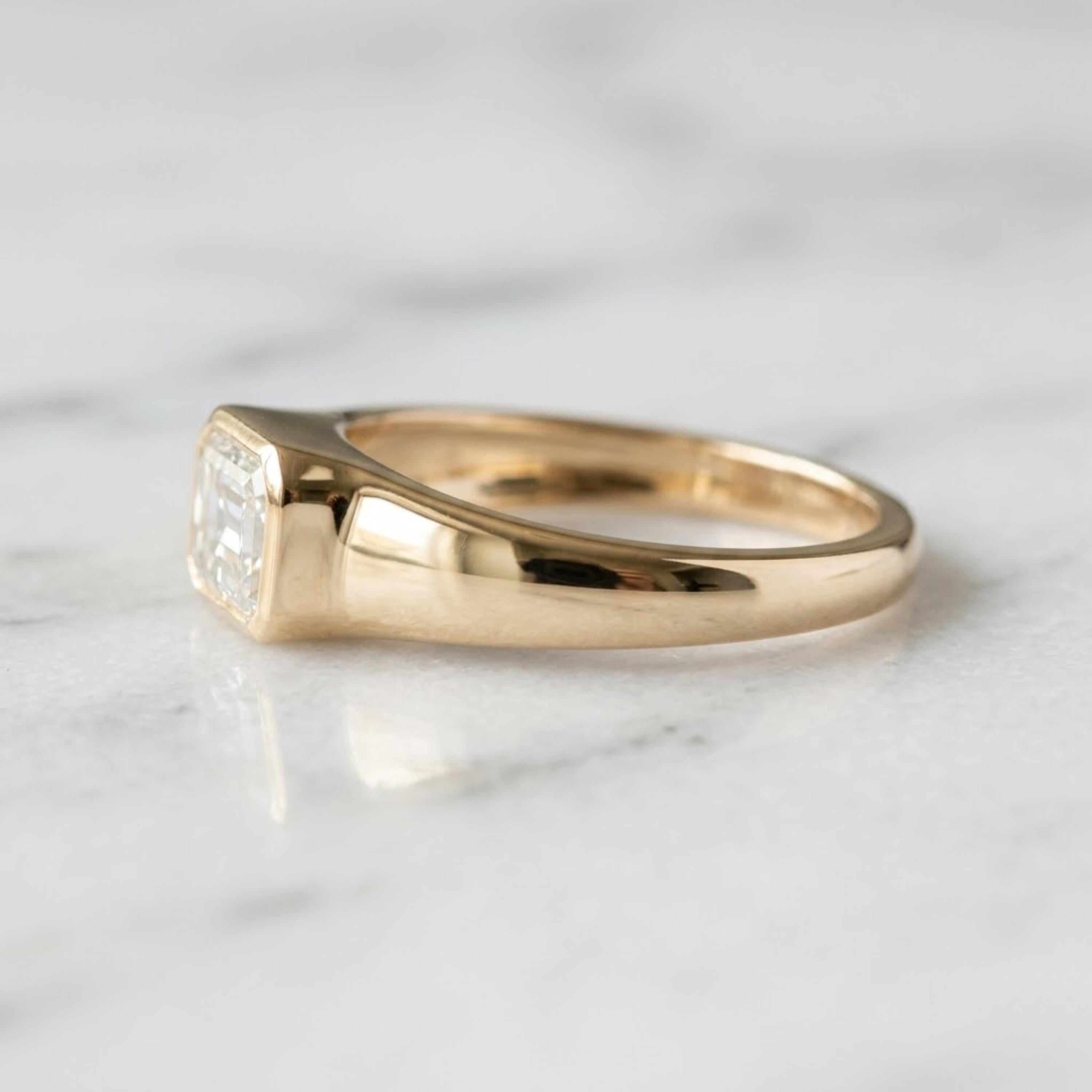 1.50 ctw Emerald Cut Moissanite Signet Ring, 14K Gold Bezel Set Dainty Engagement Ring, Minimalist Stackable Promise Ring, Birthday