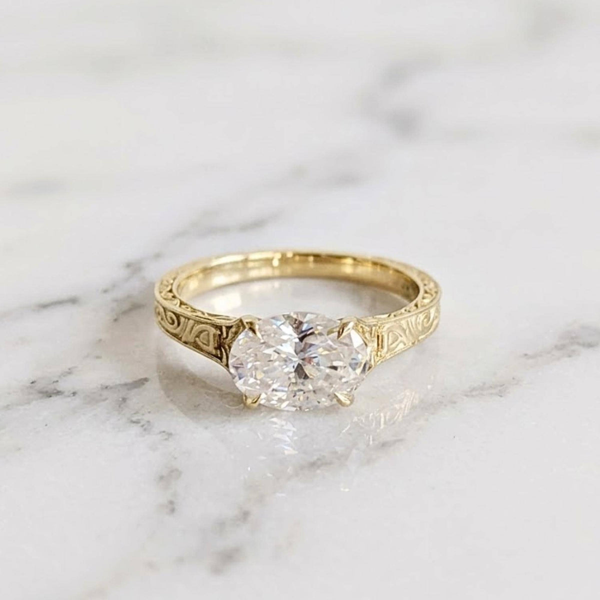 Vintage East West Oval Moissanite Diamond Engagement Ring, 14K Gold Custom Filigree Engraved Band, Claw Prong Wedding Ring