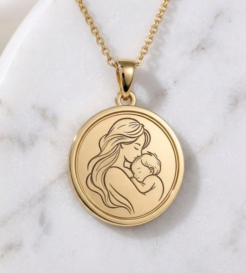 14k Gold Mother and Child Medallion Women Pendant Women Necklace for Women Pendant for Women Gold Women Necklace Gift Women Gift For Women