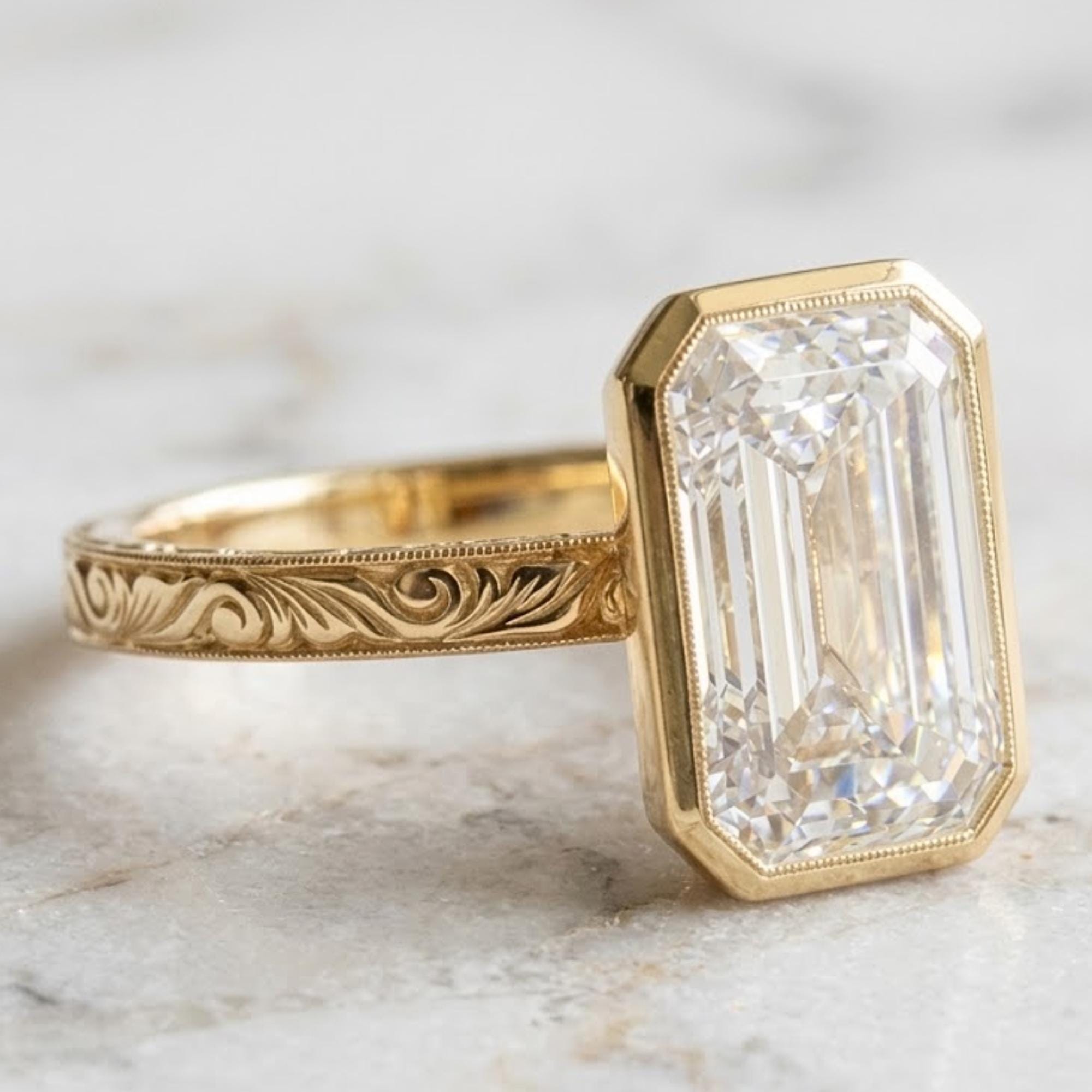 4 Carat Emerald Cut Moissanite Diamond Engagement Ring | 14K Gold Bezel | Bridal Ring | Vintage Ring